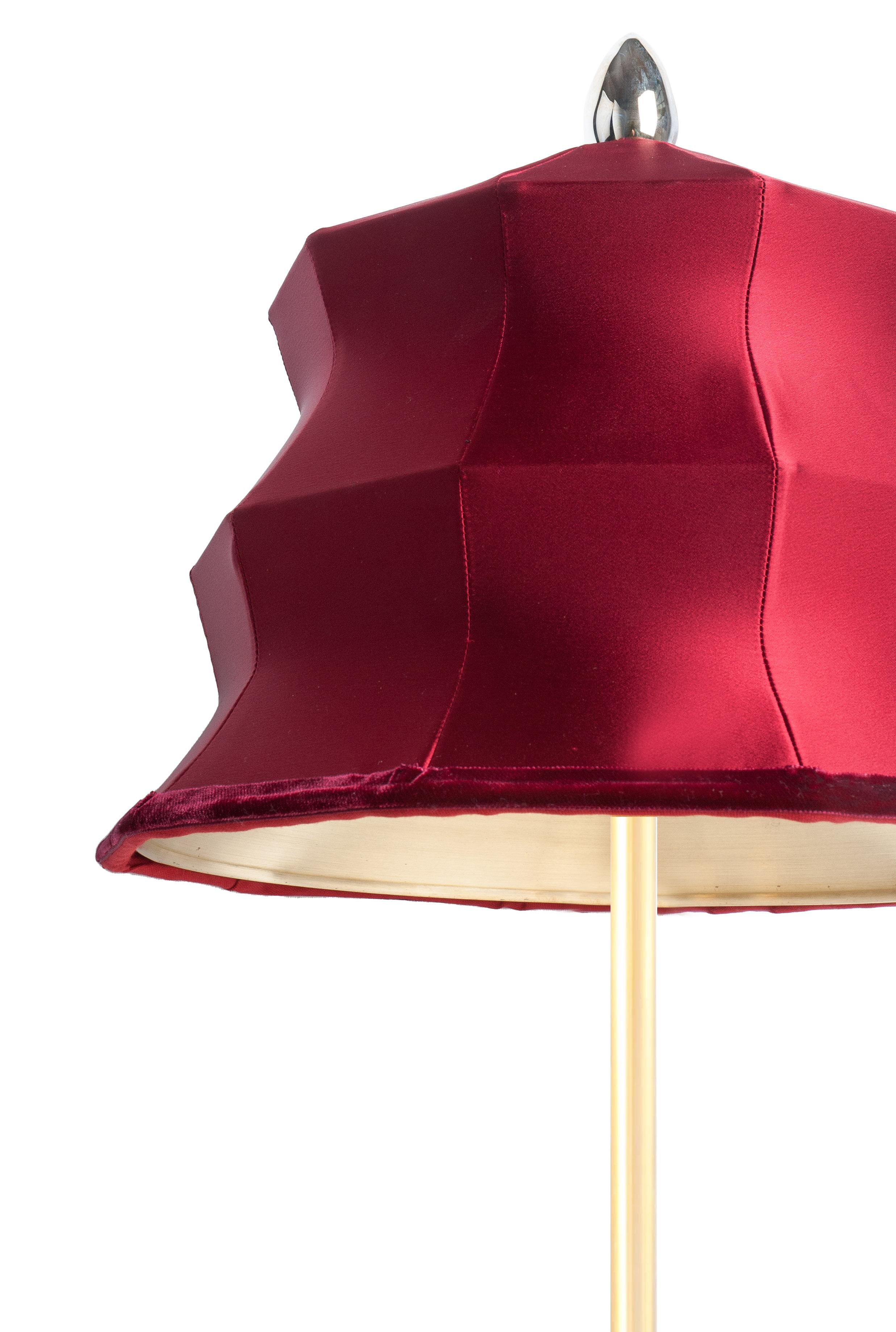 Modern “Pagoda” Contemporary Table Lamp, Red Hearth Satin Silk, Silvered Crystal For Sale