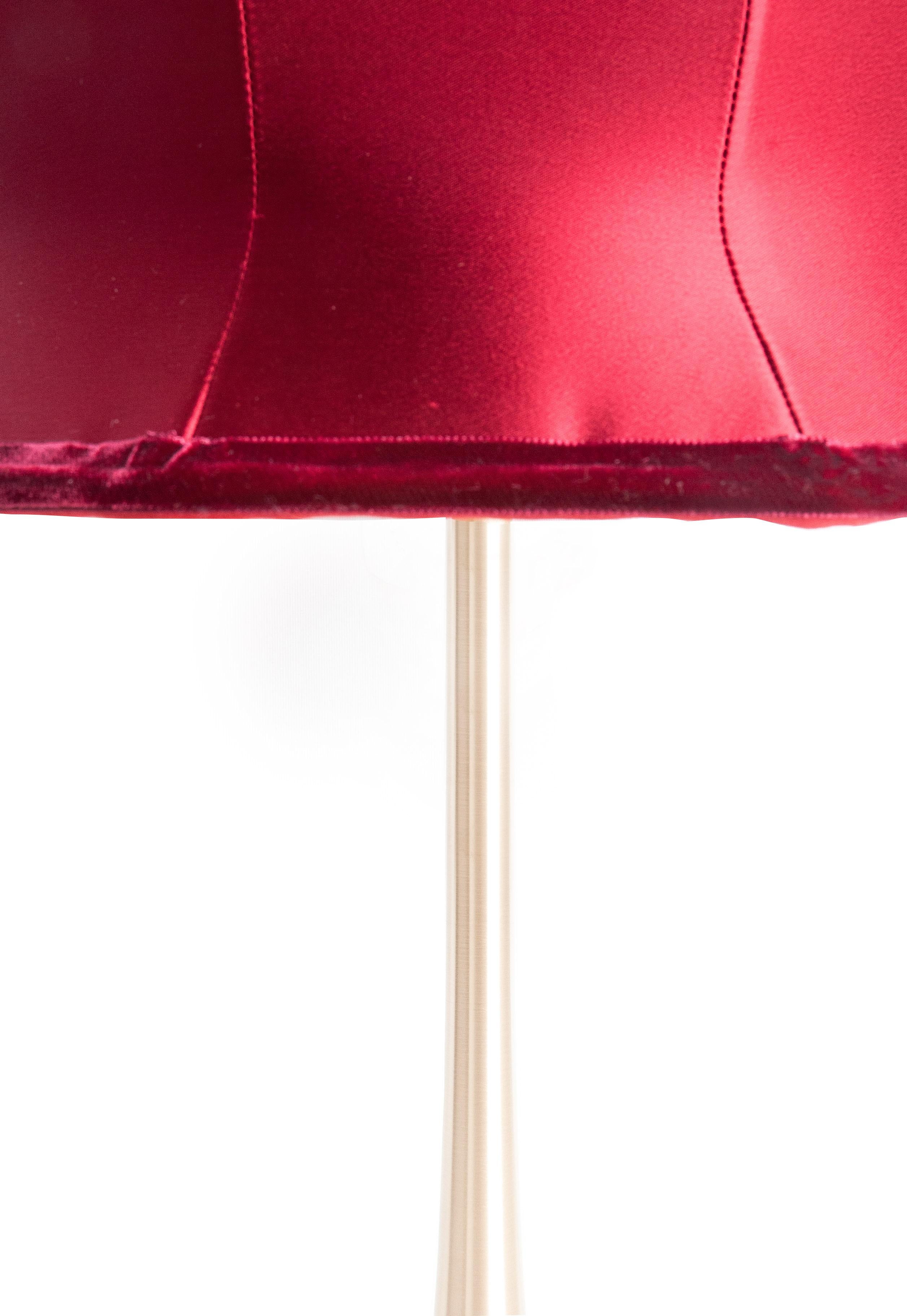 Italian “Pagoda” Contemporary Table Lamp, Red Hearth Satin Silk, Silvered Crystal For Sale