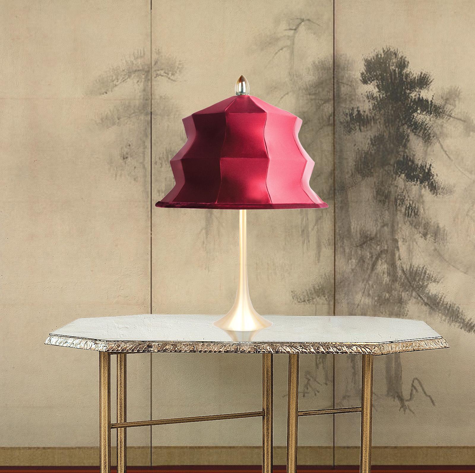Brass “Pagoda” Contemporary Table Lamp, Red Hearth Satin Silk, Silvered Crystal For Sale