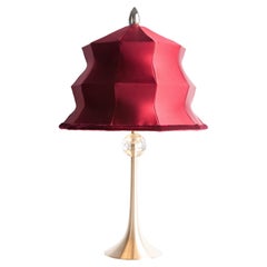 “Pagoda” Contemporary Table Lamp, Red Hearth Satin Silk, Silvered Crystal
