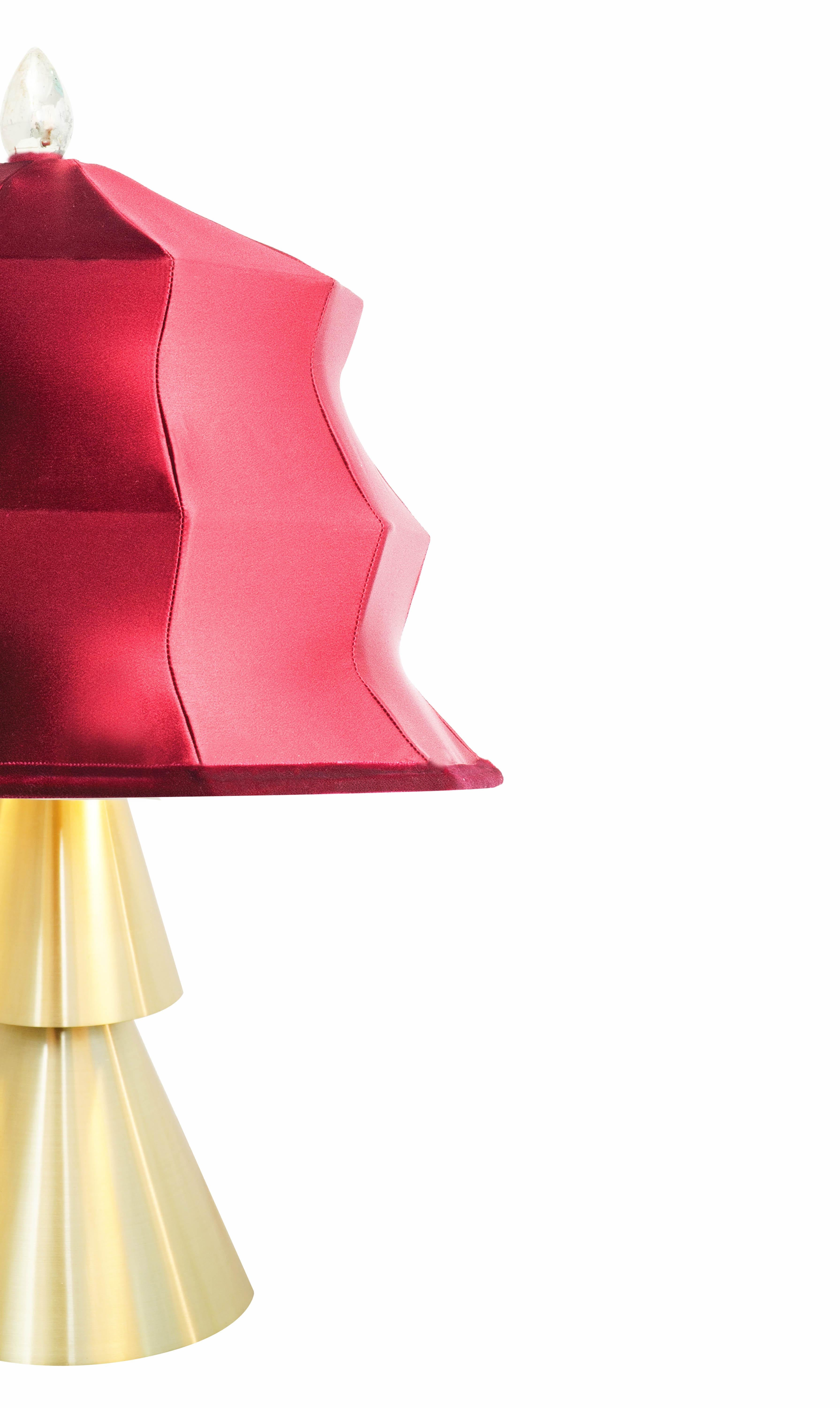 Modern “Pagoda” Contemporary Table Lamp, Red silk, Silvered Crystal Tip, Brass For Sale