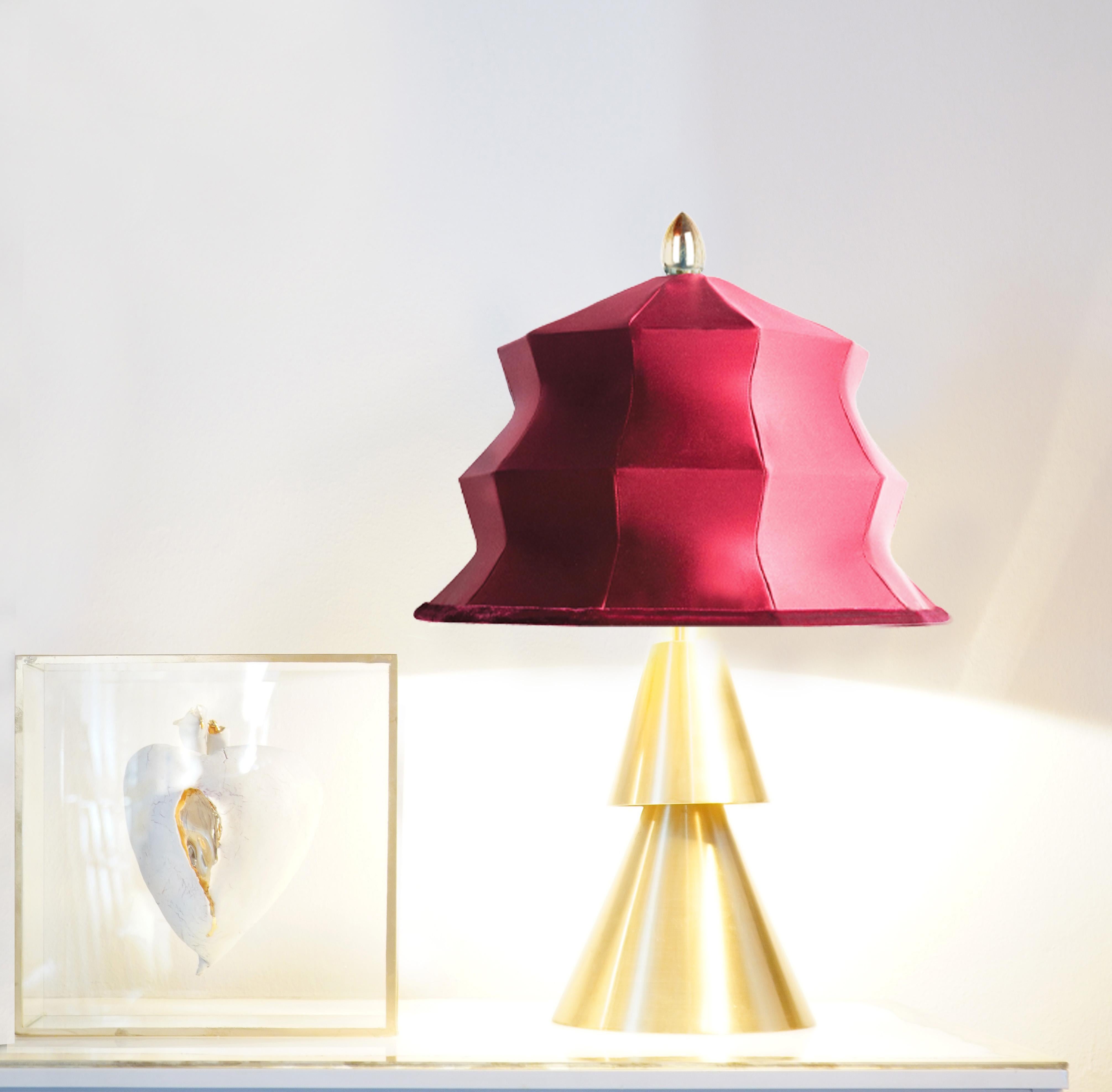 “Pagoda” Contemporary Table Lamp, Red silk, Silvered Crystal Tip, Brass For Sale 2