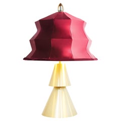 “Pagoda” Contemporary Table Lamp, Red silk, Silvered Crystal Tip, Brass