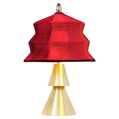 “Pagoda” Contemporary Table Lamp, Red Velvet, Silvered Crystal Tip, Brass
