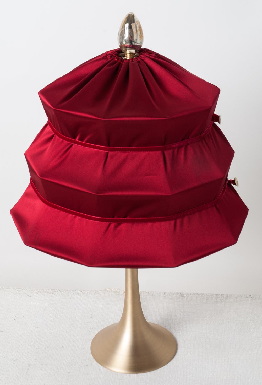 Modern “Pagoda” Contemporary Table Lamp, Ruby Satin Silk Satin Brass