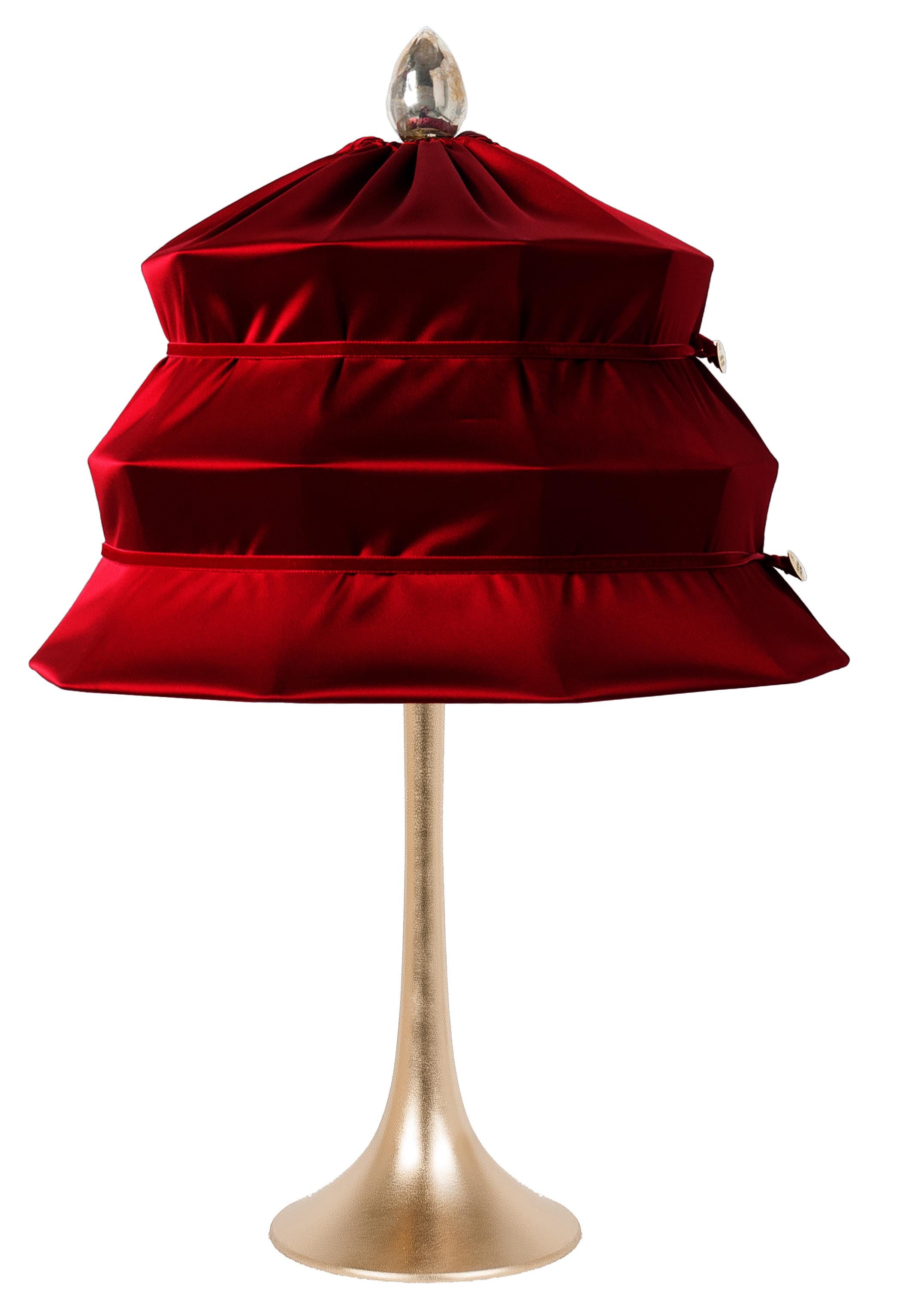 Silvered “Pagoda” Contemporary Table Lamp, Ruby Satin Silk Satin Brass