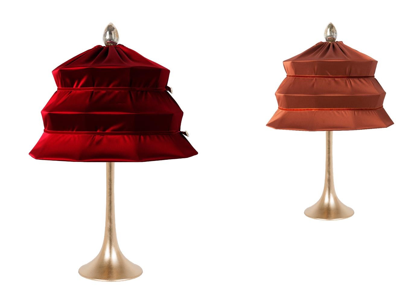 “Pagoda” Contemporary Table Lamp, Ruby Satin Silk Satin Brass 1