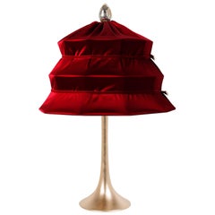 “Pagoda” Contemporary Table Lamp, Ruby Satin Silk Satin Brass