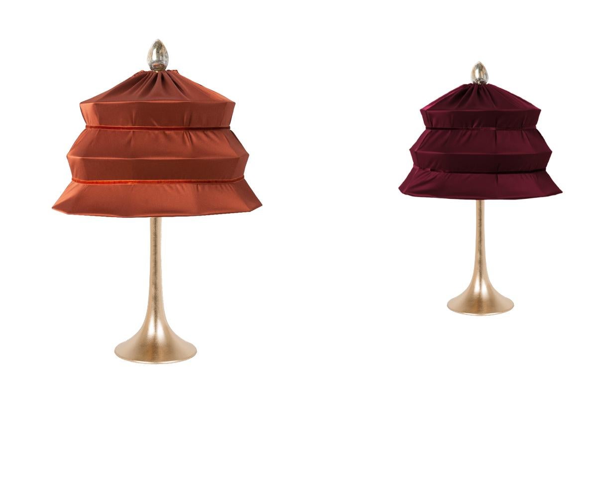 Modern “Pagoda” Contemporary Table Lamp, Rust Satin Silk Satin Brass
