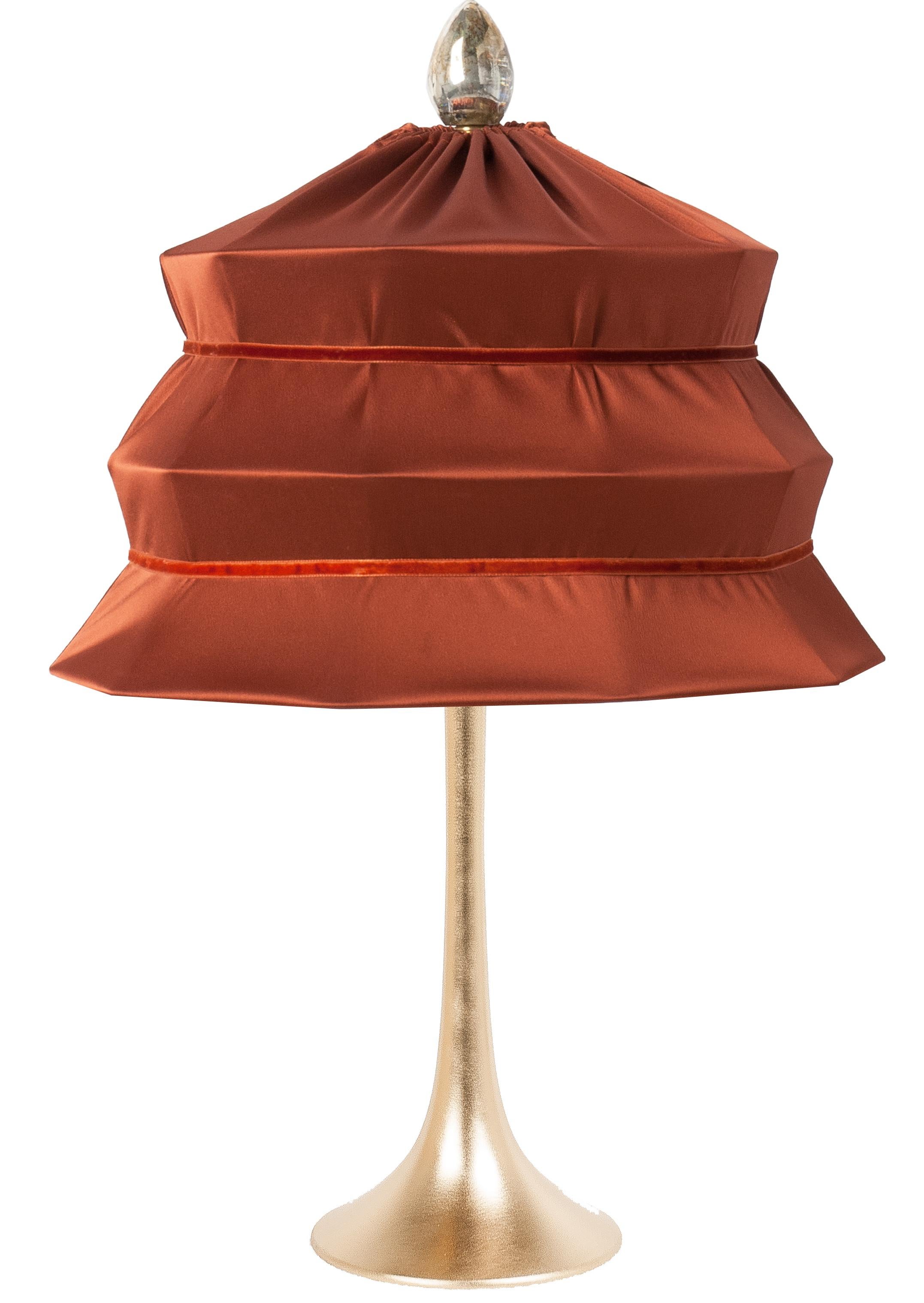 Italian “Pagoda” Contemporary Table Lamp, Rust Satin Silk Satin Brass