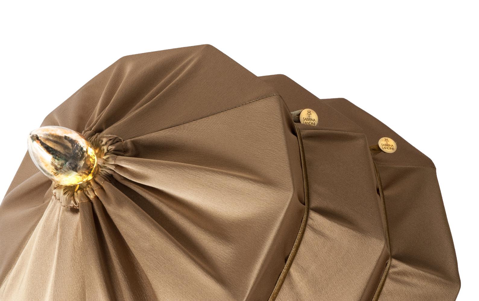 Silvered “Pagoda” Contemporary Table Lamp, Rust Satin Silk Satin Brass