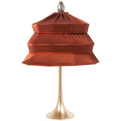 “Pagoda” Contemporary Table Lamp, Rust Satin Silk Satin Brass