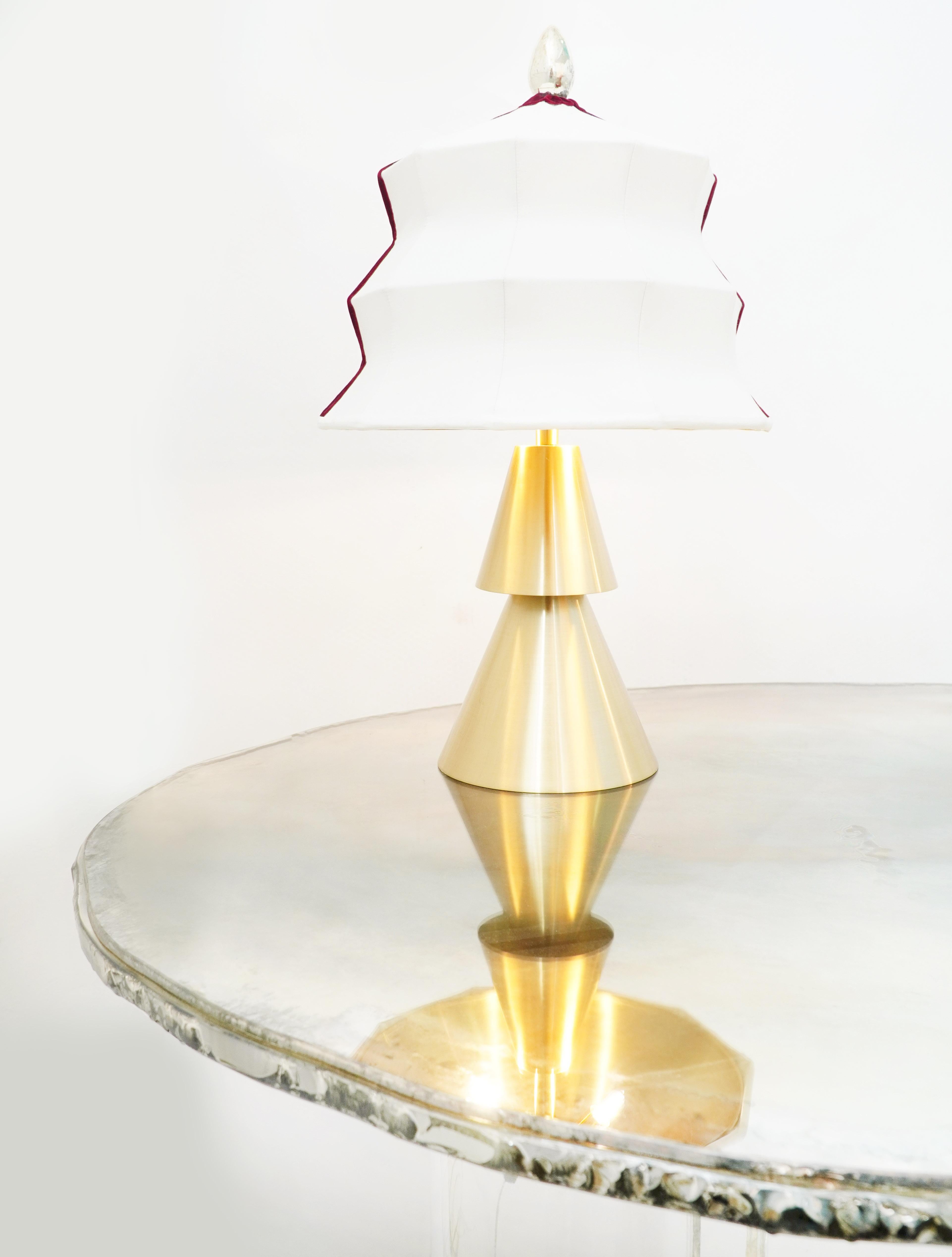 “Pagoda” contemporary Table Lamp, Whitesatin silk, Silvered Crystal Tip, brass   For Sale 1