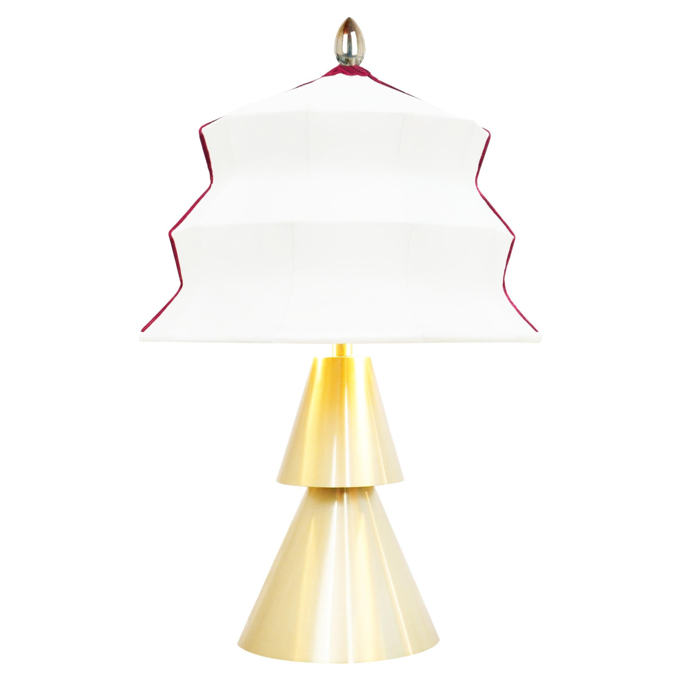 “Pagoda” contemporary Table Lamp, Whitesatin silk, Silvered Crystal Tip, brass   For Sale