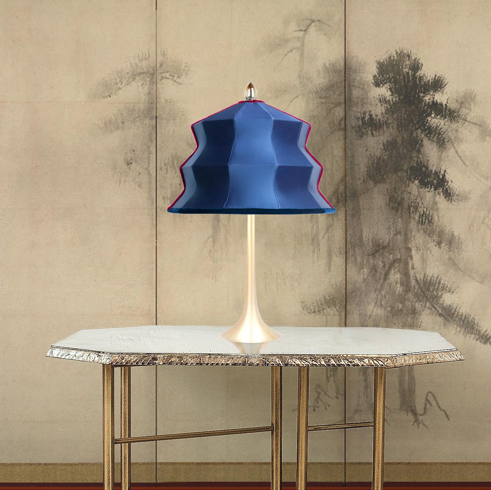 Modern “Pagoda” contemporary Table Lamp, sky silk, Silvered Crystal Tip, brass     For Sale