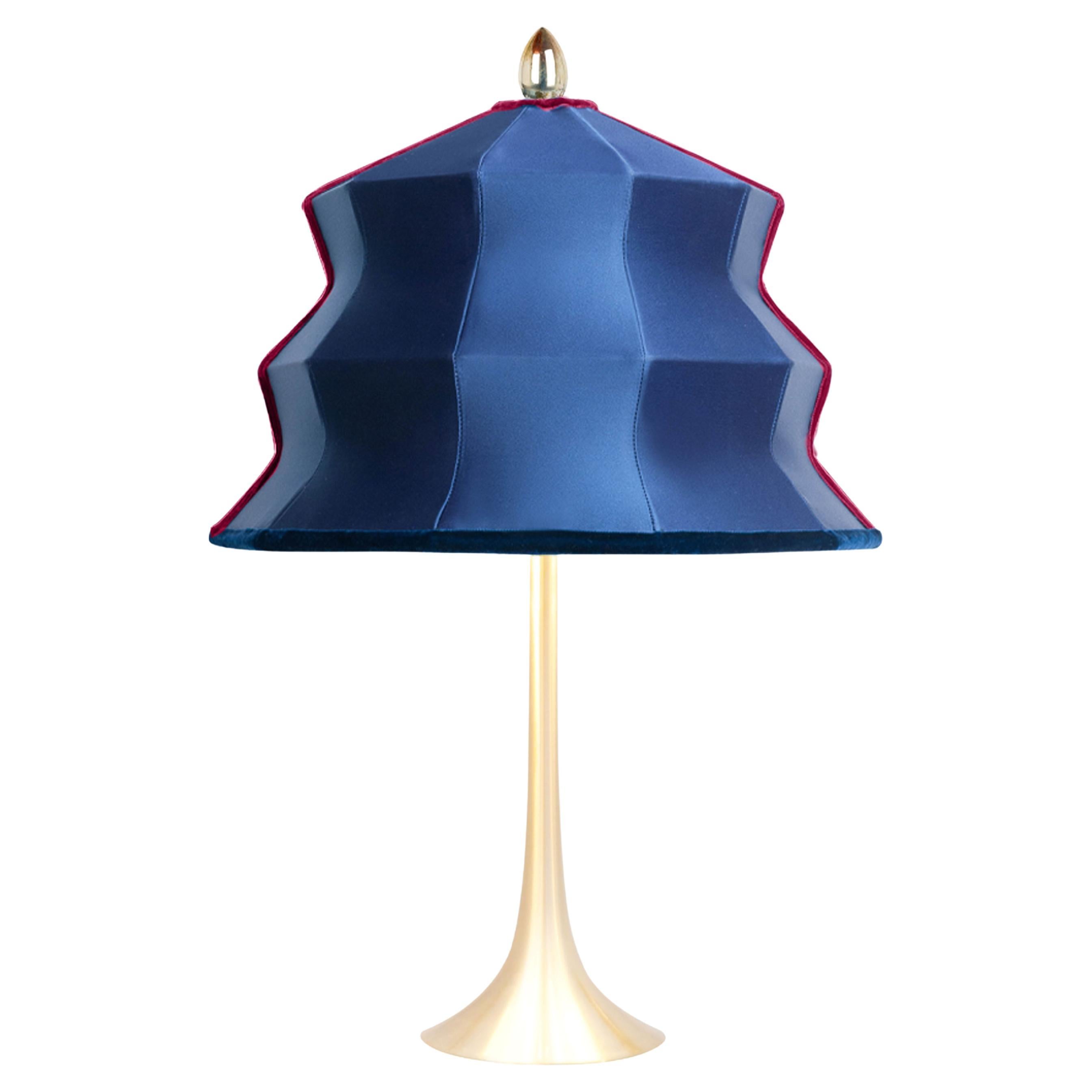 Lampe de bureau pagode contemporaine, soie de ciel, embout en cristal argenté, laiton    