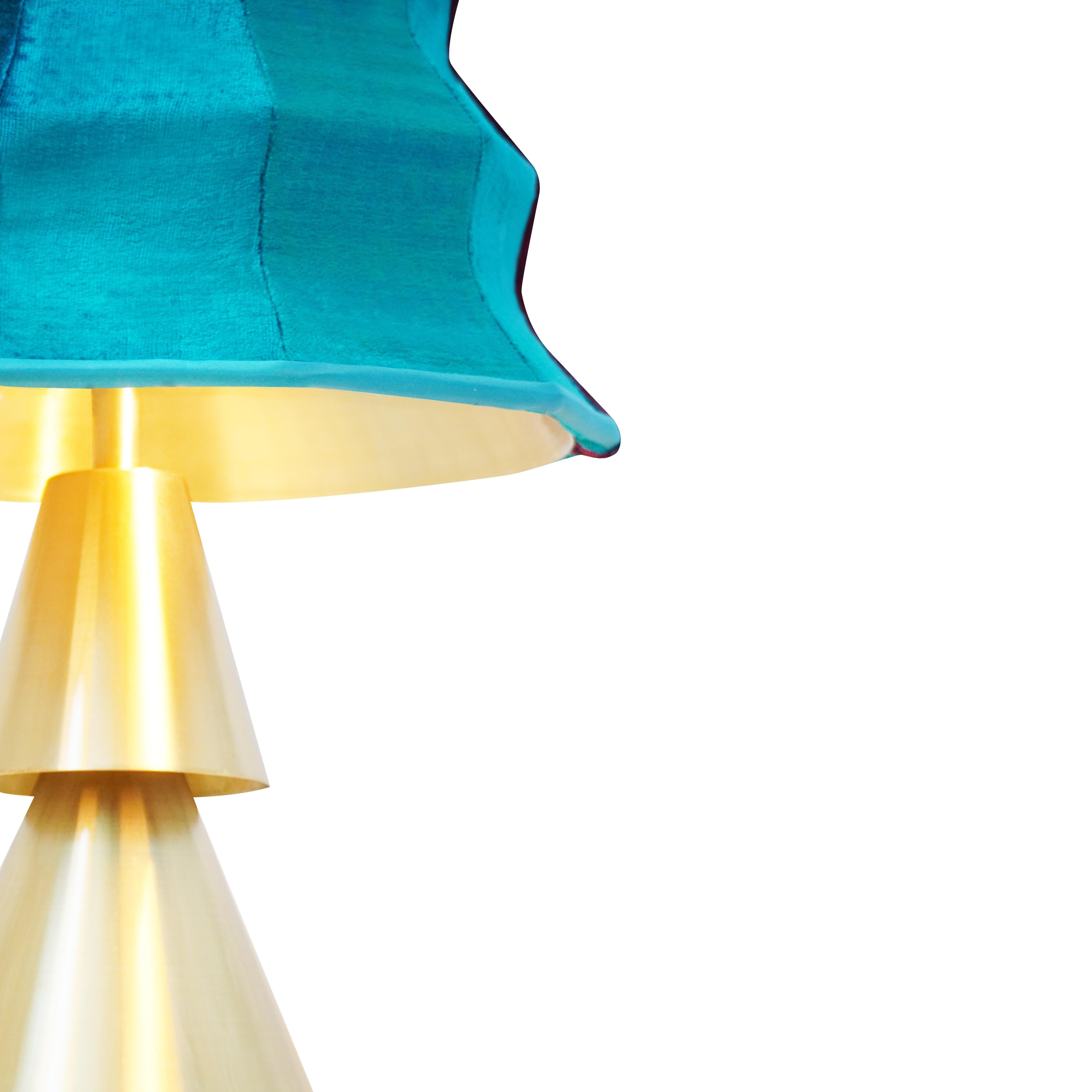 Modern “Pagoda” Contemporary Table Lamp, Velvet Turquoise, Silvered Crystal Tip, Brass