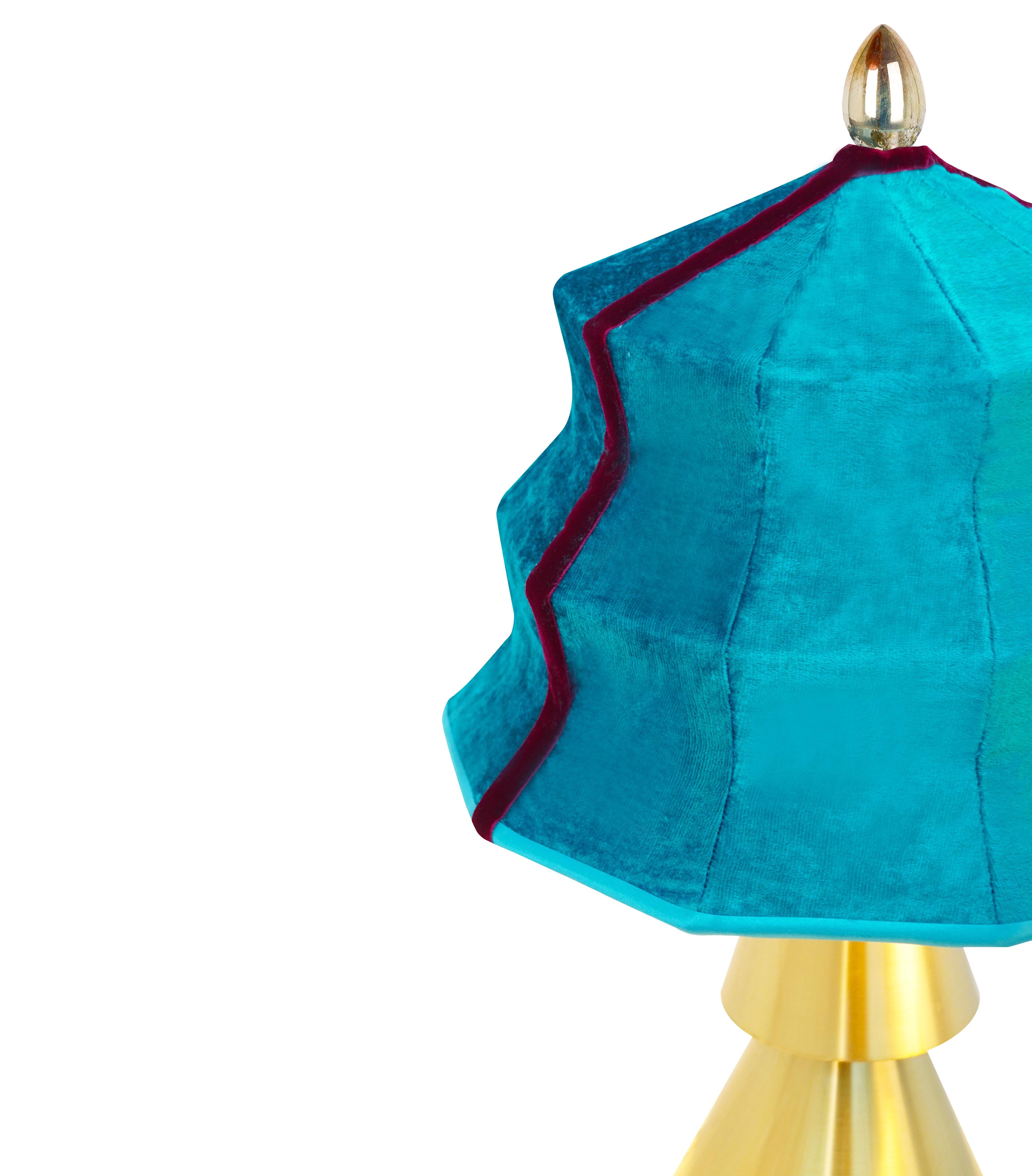 Italian “Pagoda” Contemporary Table Lamp, Velvet Turquoise, Silvered Crystal Tip, Brass
