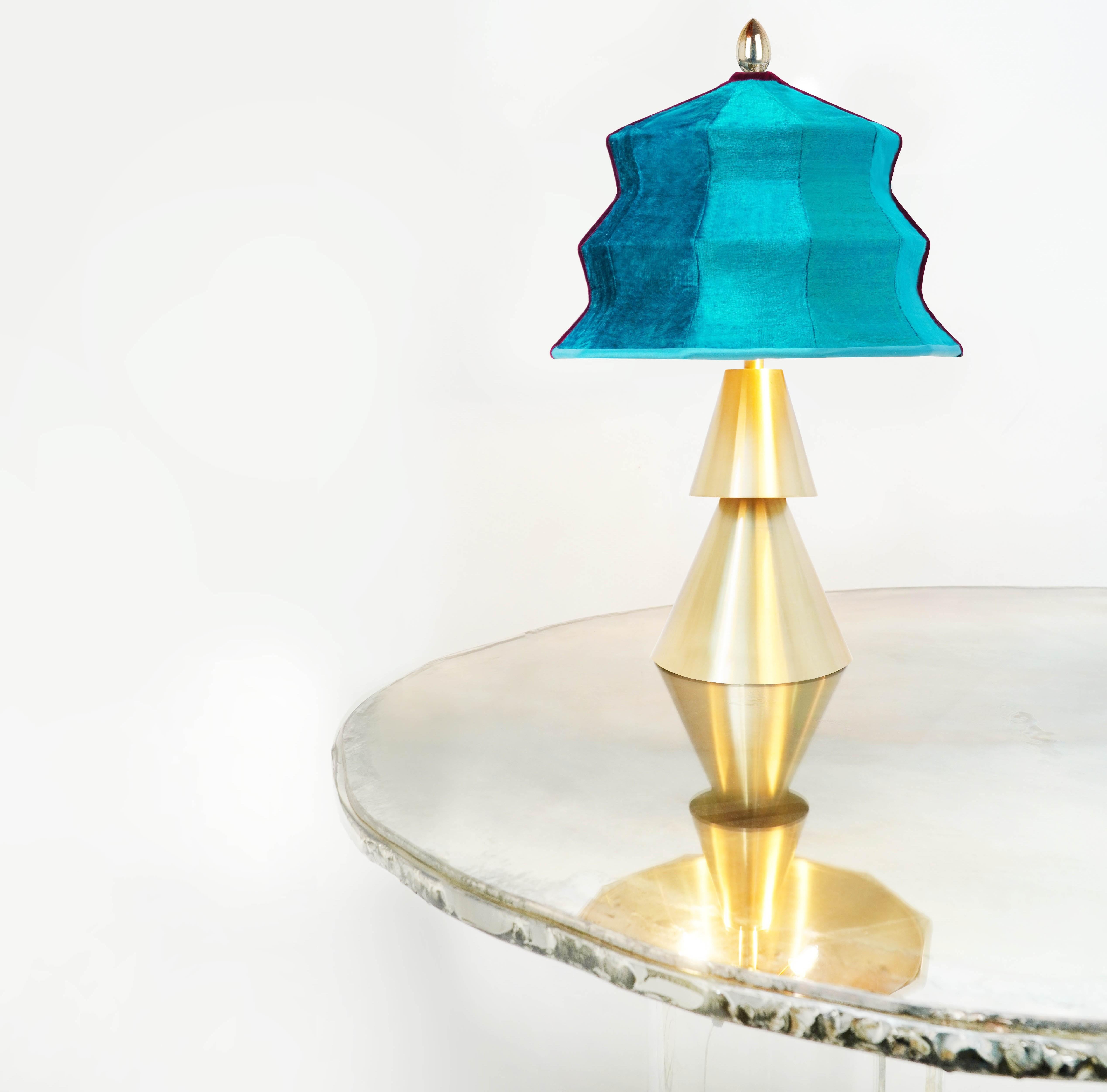 “Pagoda” Contemporary Table Lamp, Velvet Turquoise, Silvered Crystal Tip, Brass 2