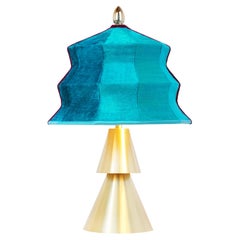 “Pagoda” Contemporary Table Lamp, Velvet Turquoise, Silvered Crystal Tip, Brass