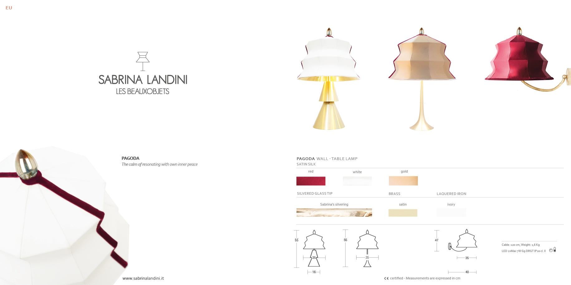 “Pagoda” contemporary Table Lamp, Whitesatin silk, Silvered Crystal Tip, brass 3