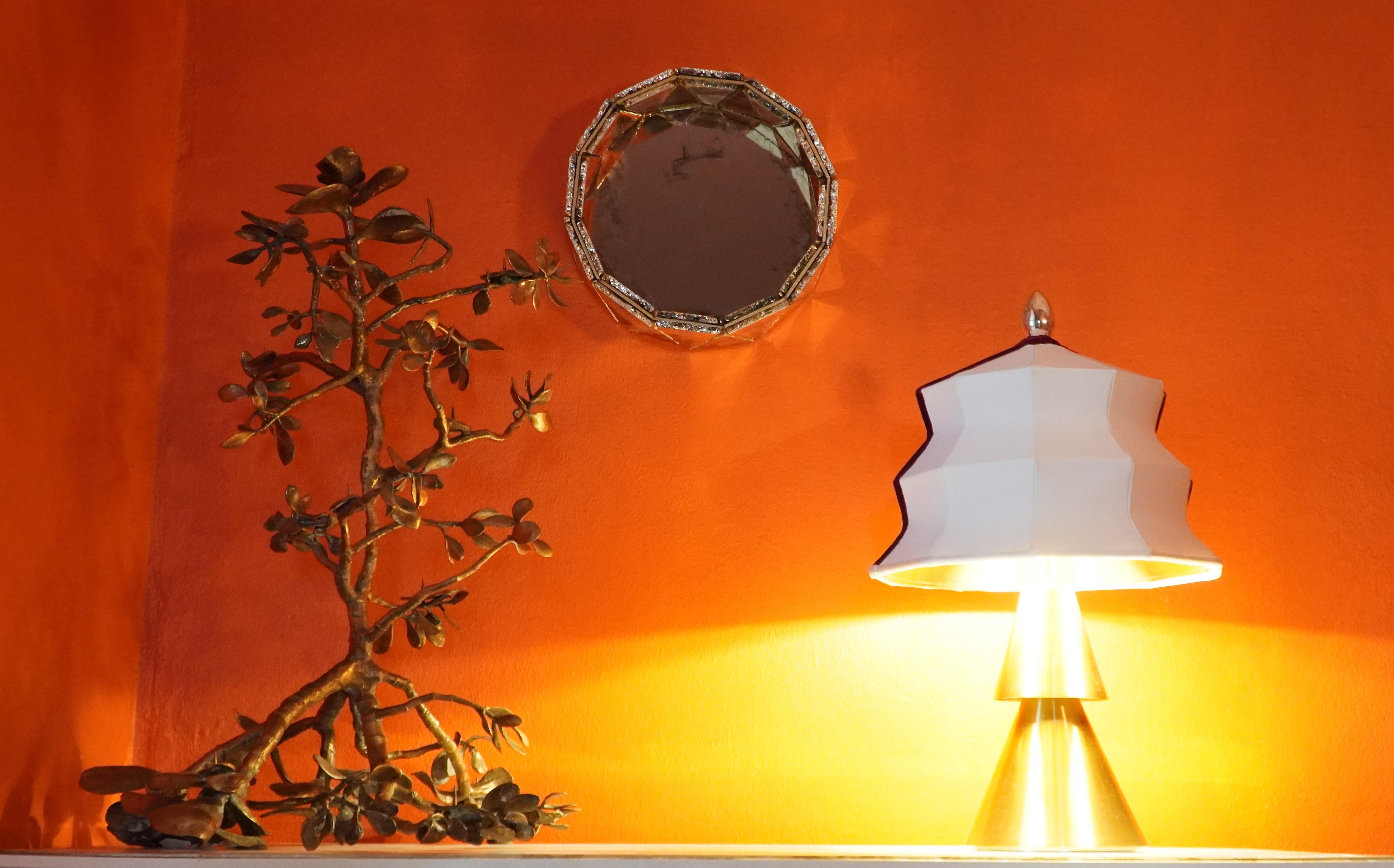 Contemporary “Pagoda” contemporary Table Lamp, Whitesatin silk, Silvered Crystal Tip, brass