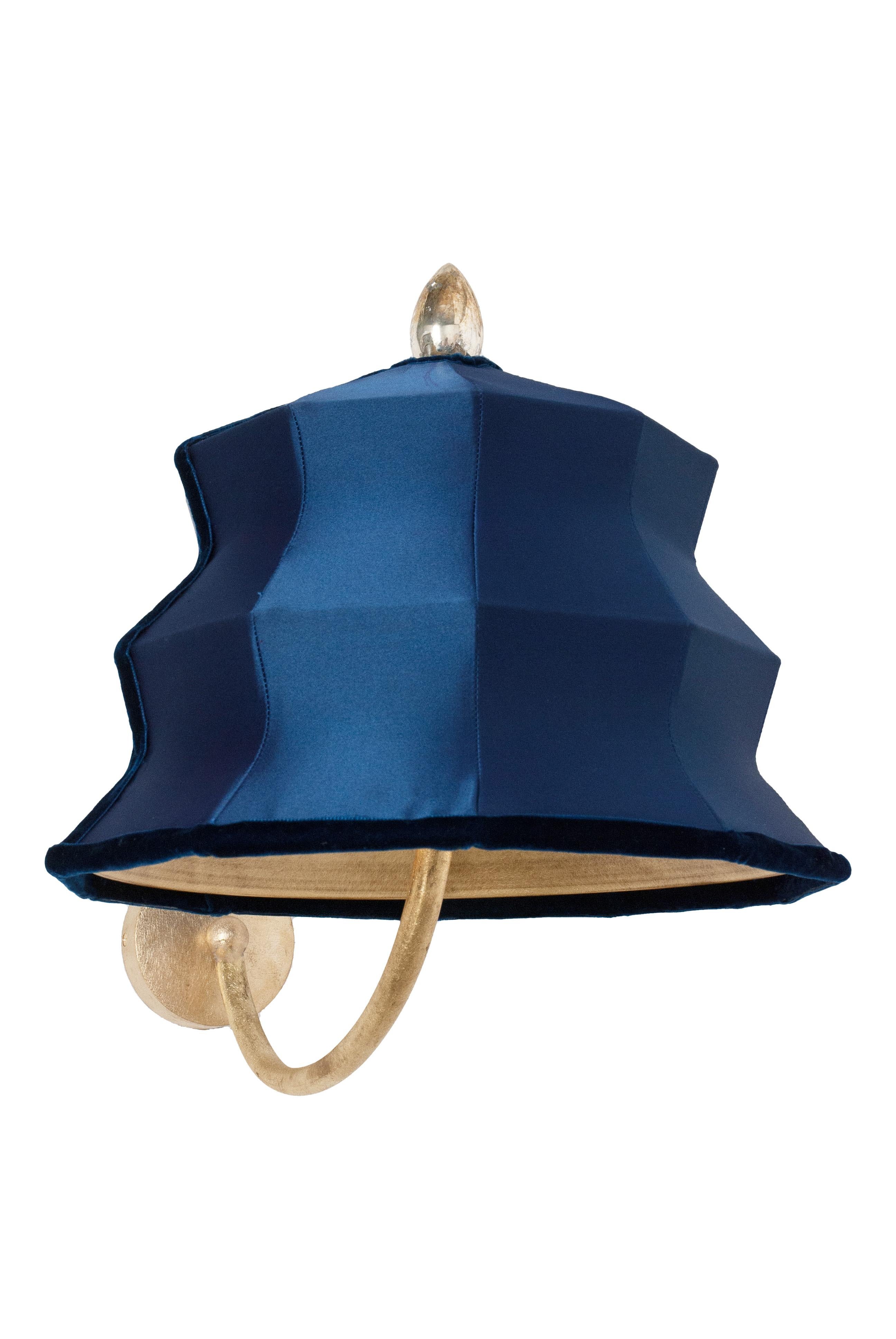 Italian “Pagoda” Contemporary Wall Lamp, Blue China Satin Silk, Silvered Crystal For Sale