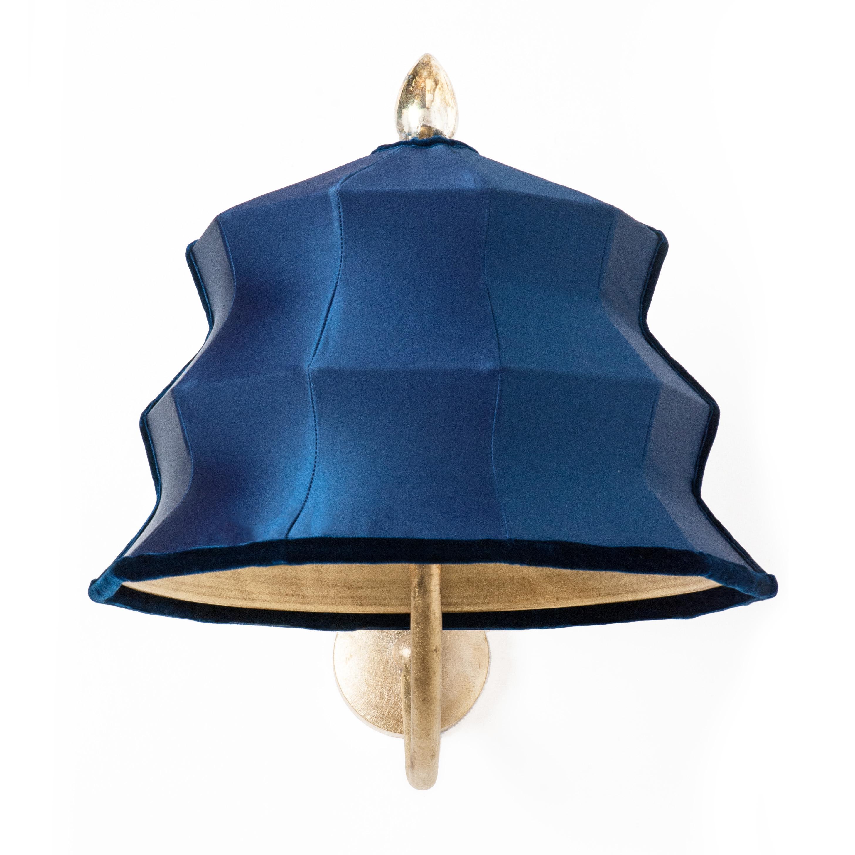 Modern “Pagoda” Contemporary Wall Lamp, Blue China Satin Silk, Silvered Crystal For Sale