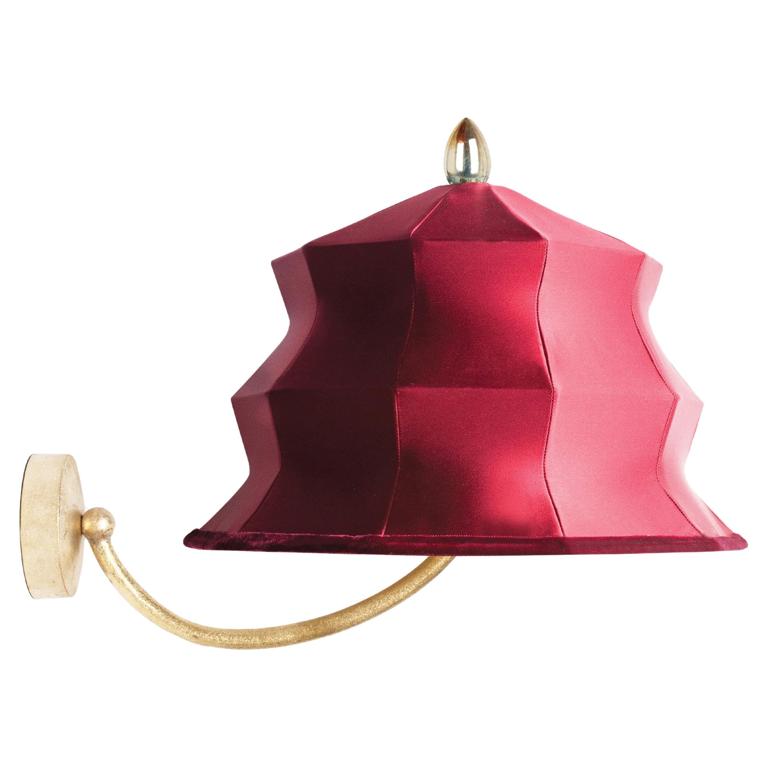 “Pagoda” Contemporary Wall Lamp, Red Satin Silk, Silvered Crystal For Sale