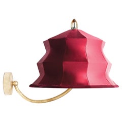 Antique “Pagoda” Contemporary Wall Lamp, Red Satin Silk, Silvered Crystal