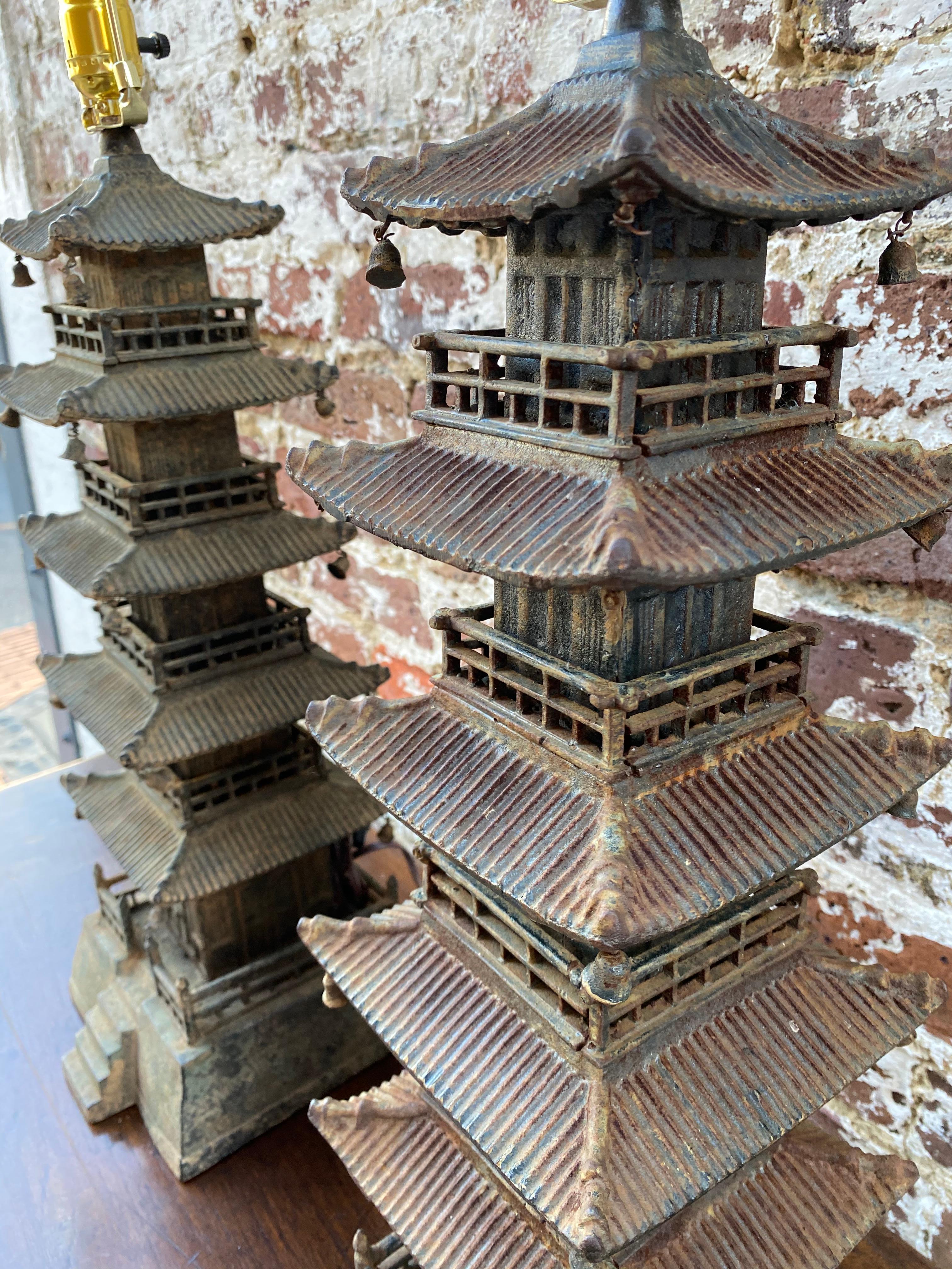 European Pagoda Form Cast Iron Decorative Pieces Convert to Lamps