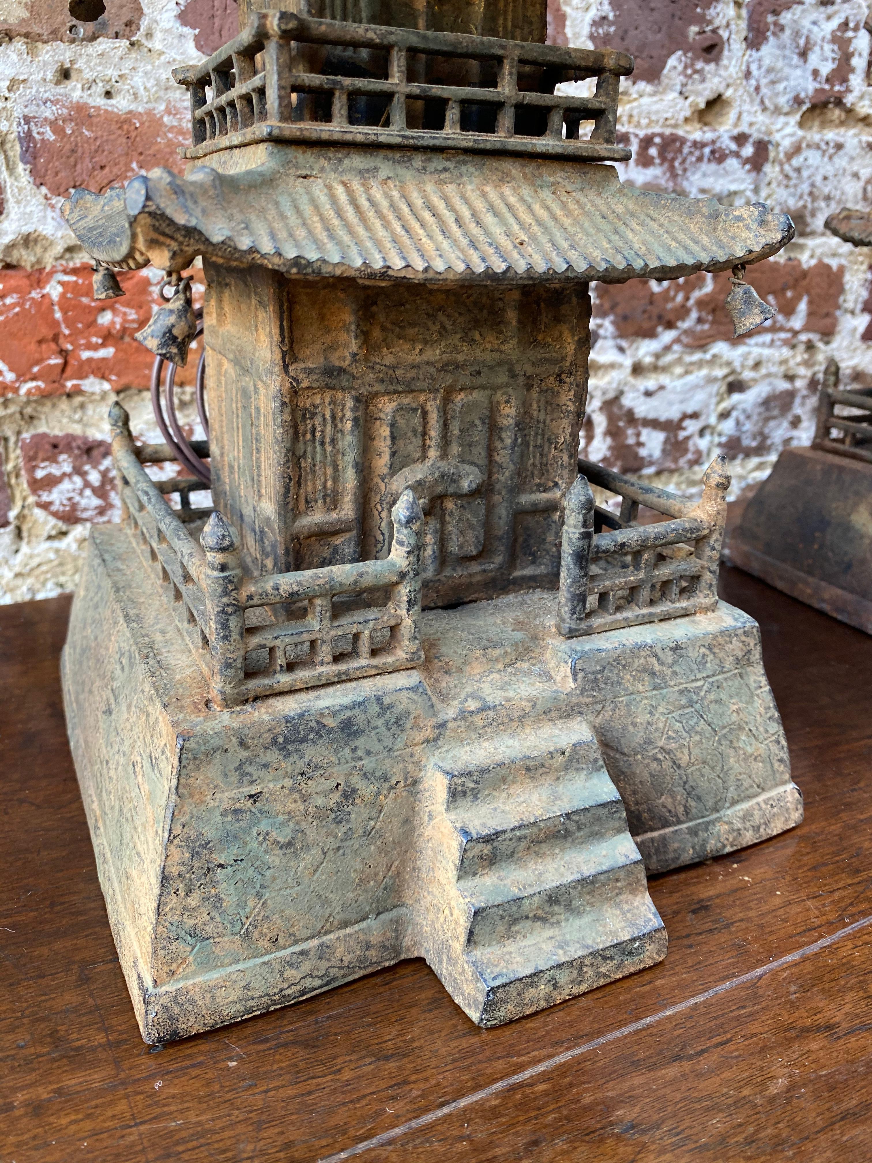 Late 19th Century Pagoda Form Cast Iron Decorative Pieces Convert to Lamps