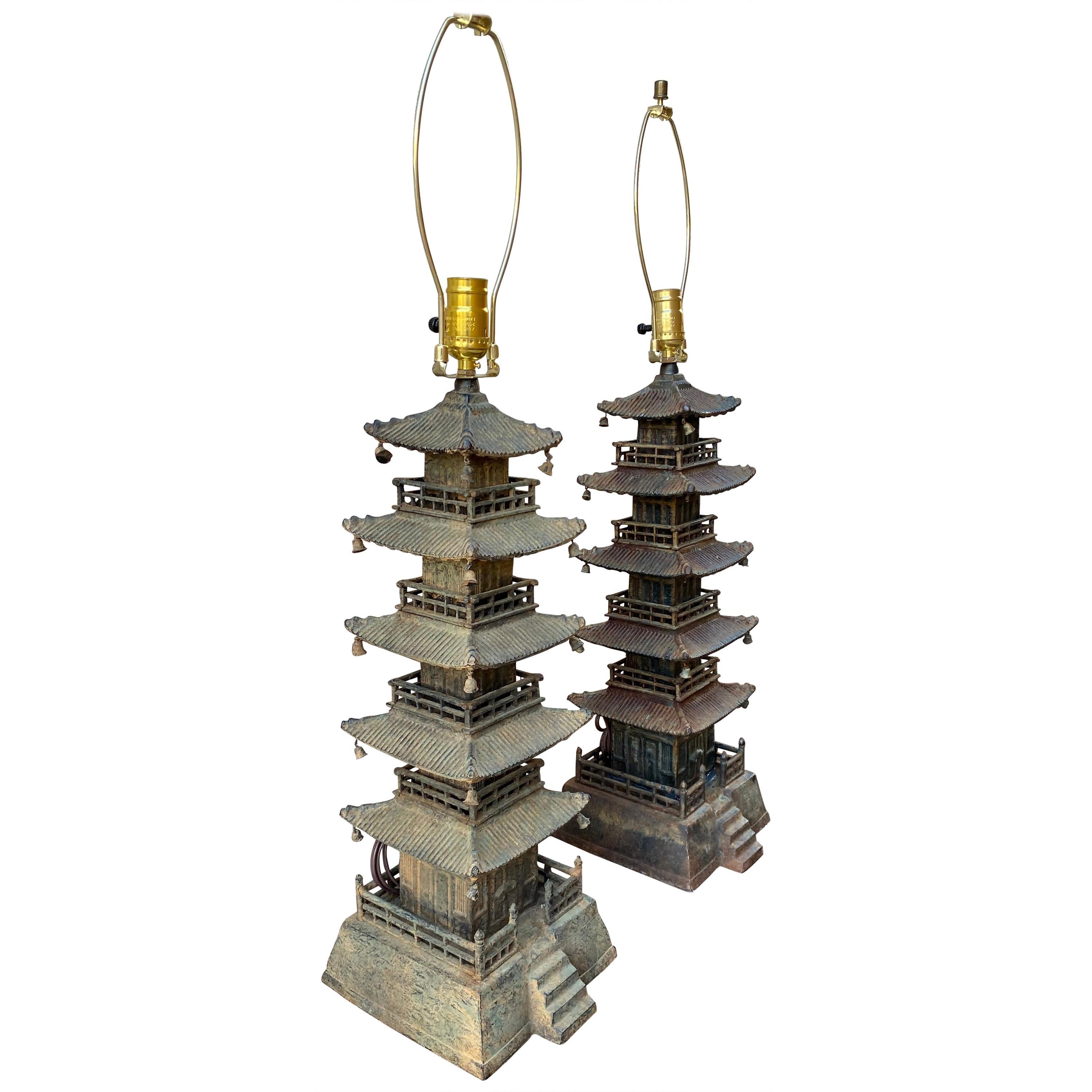 Pagoda Form Cast Iron Decorative Pieces Convert to Lamps