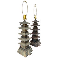 Antique Pagoda Form Cast Iron Decorative Pieces Convert to Lamps