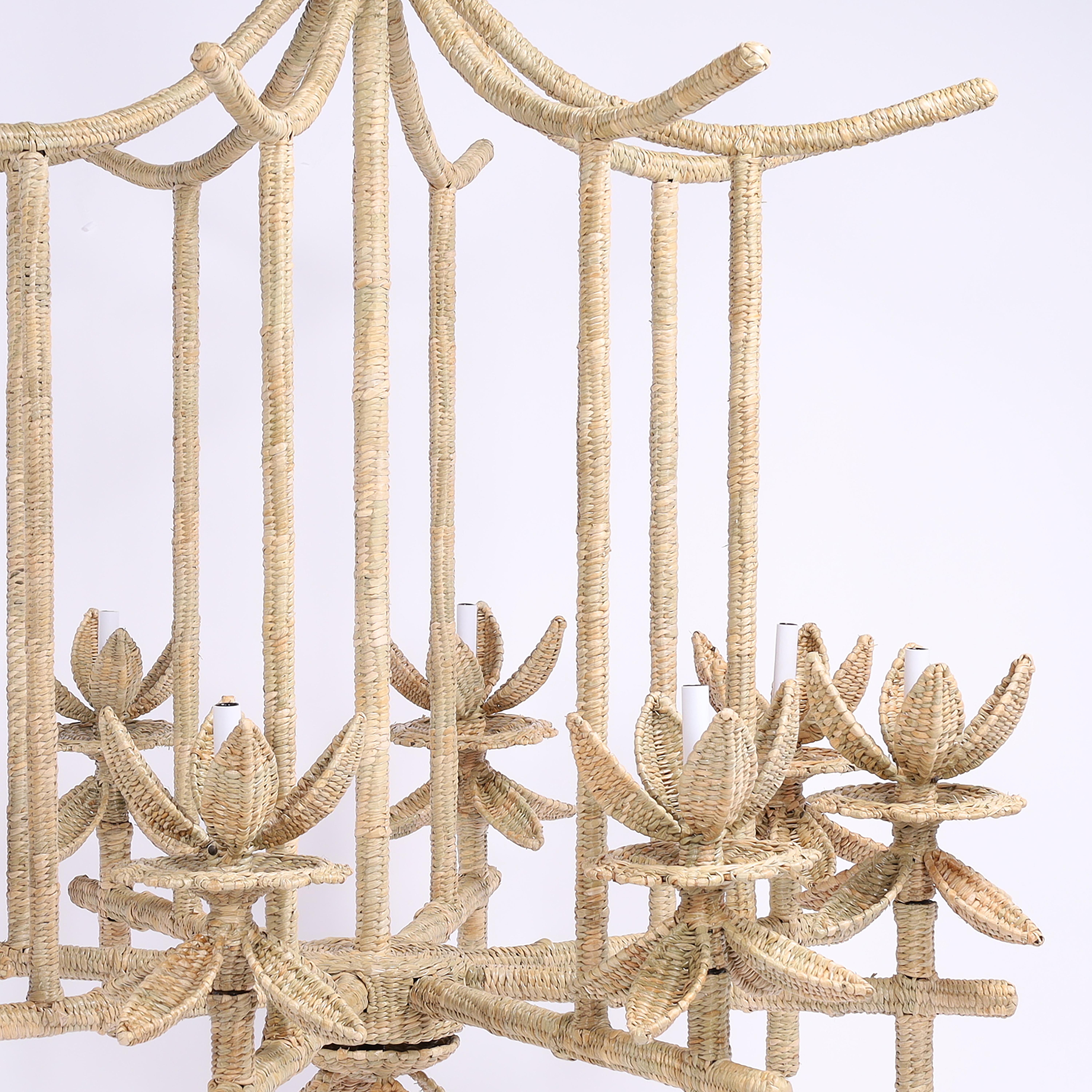 Mid-Century Modern Pagoda Form Reed Wrapped Chandelier From the FS Flores Collection For Sale