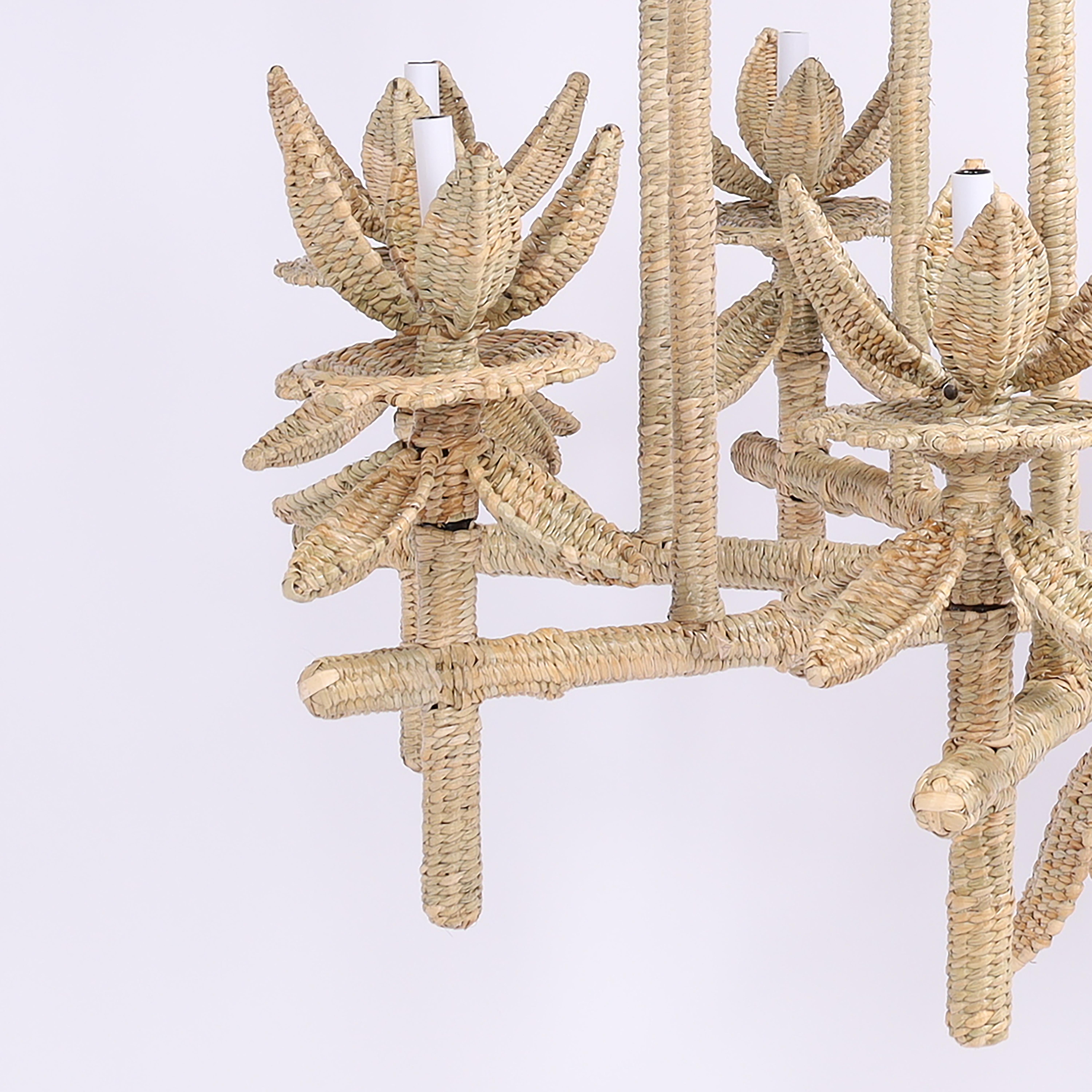Mexicain Pagoda Form Reed Wrapped Chandelier From the FS Flores Collection en vente