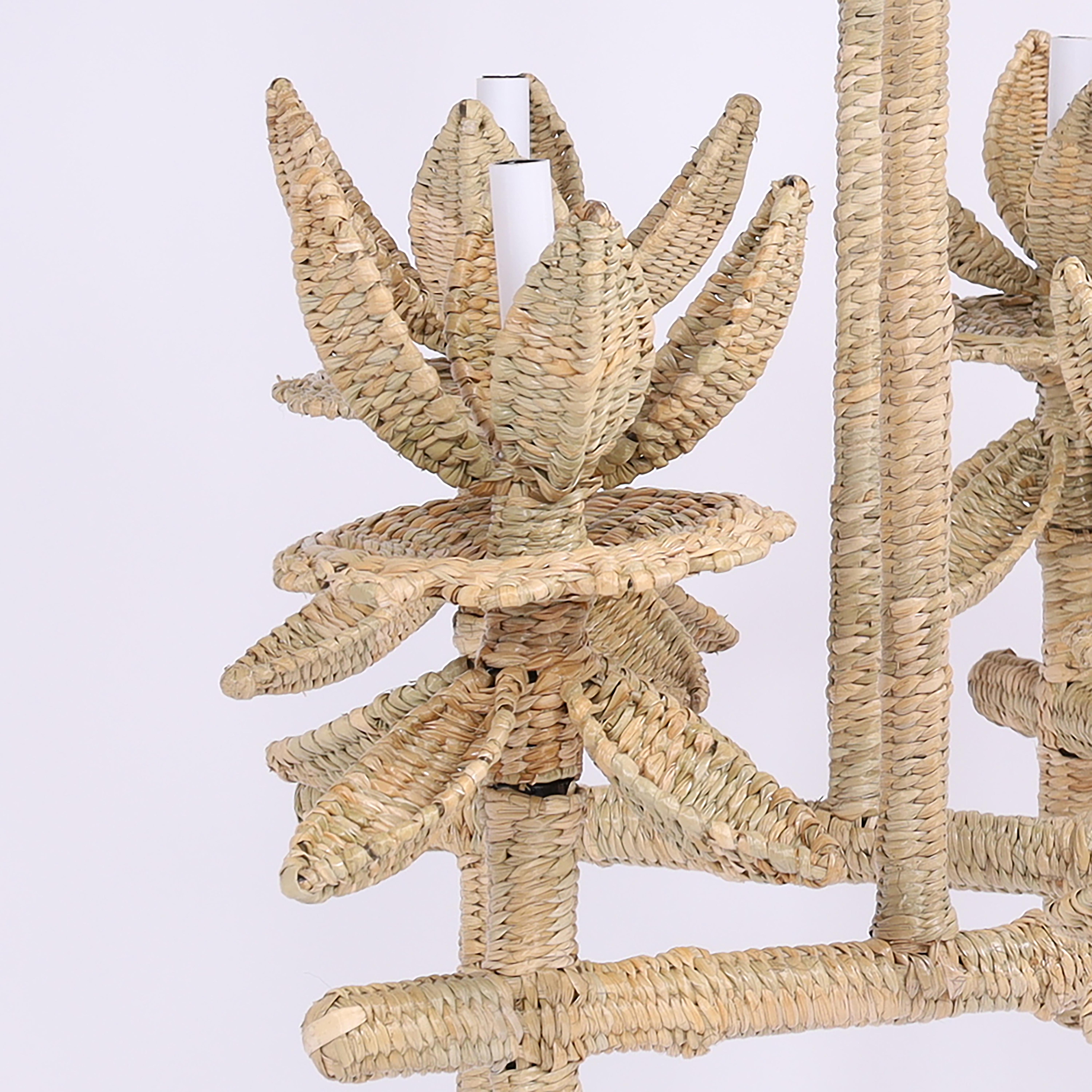 Hand-Crafted Pagoda Form Reed Wrapped Chandelier From the FS Flores Collection For Sale