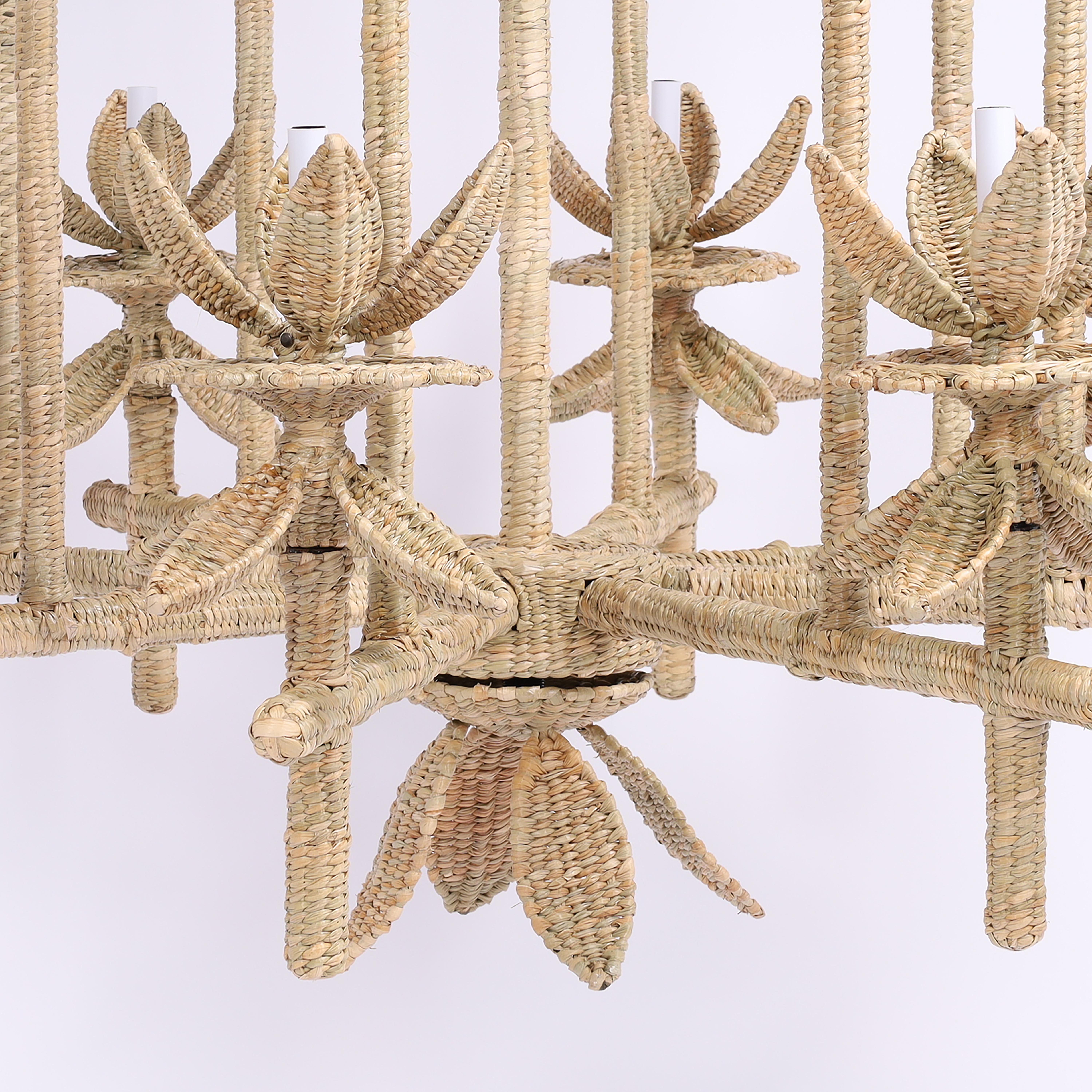 Pagoda Form Reed Wrapped Chandelier From the FS Flores Collection In New Condition For Sale In Palm Beach, FL
