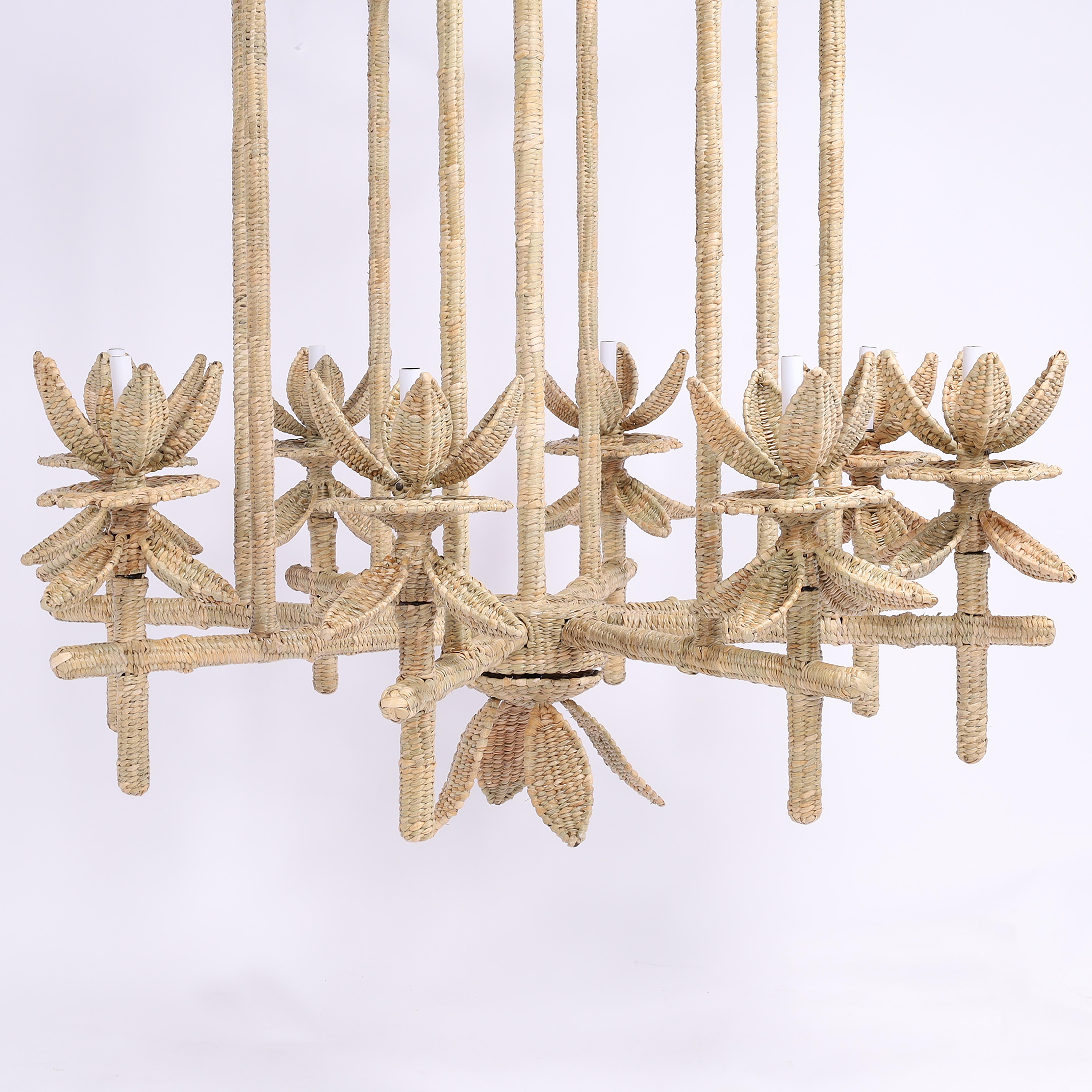 Contemporary Pagoda Form Reed Wrapped Chandelier From the FS Flores Collection For Sale