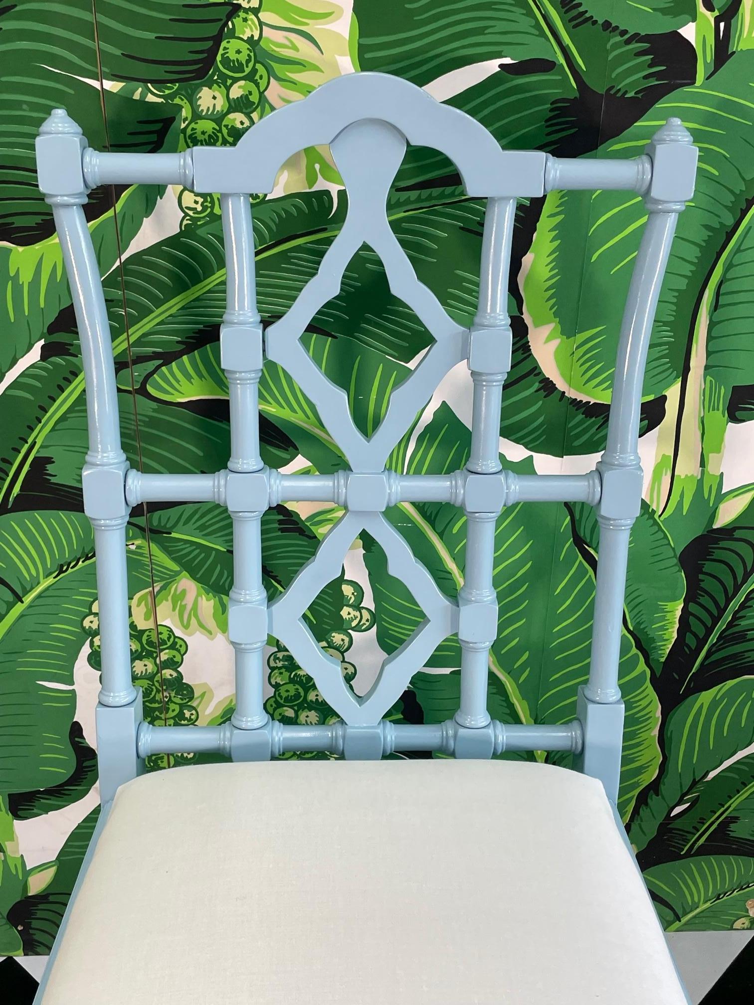 Upholstery Pagoda Fretwork Dining Chairs Set in High Gloss Blue