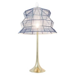 “Pagoda” Modern Contemporary Table Lamp, blue lampshade, Silvered Crystal