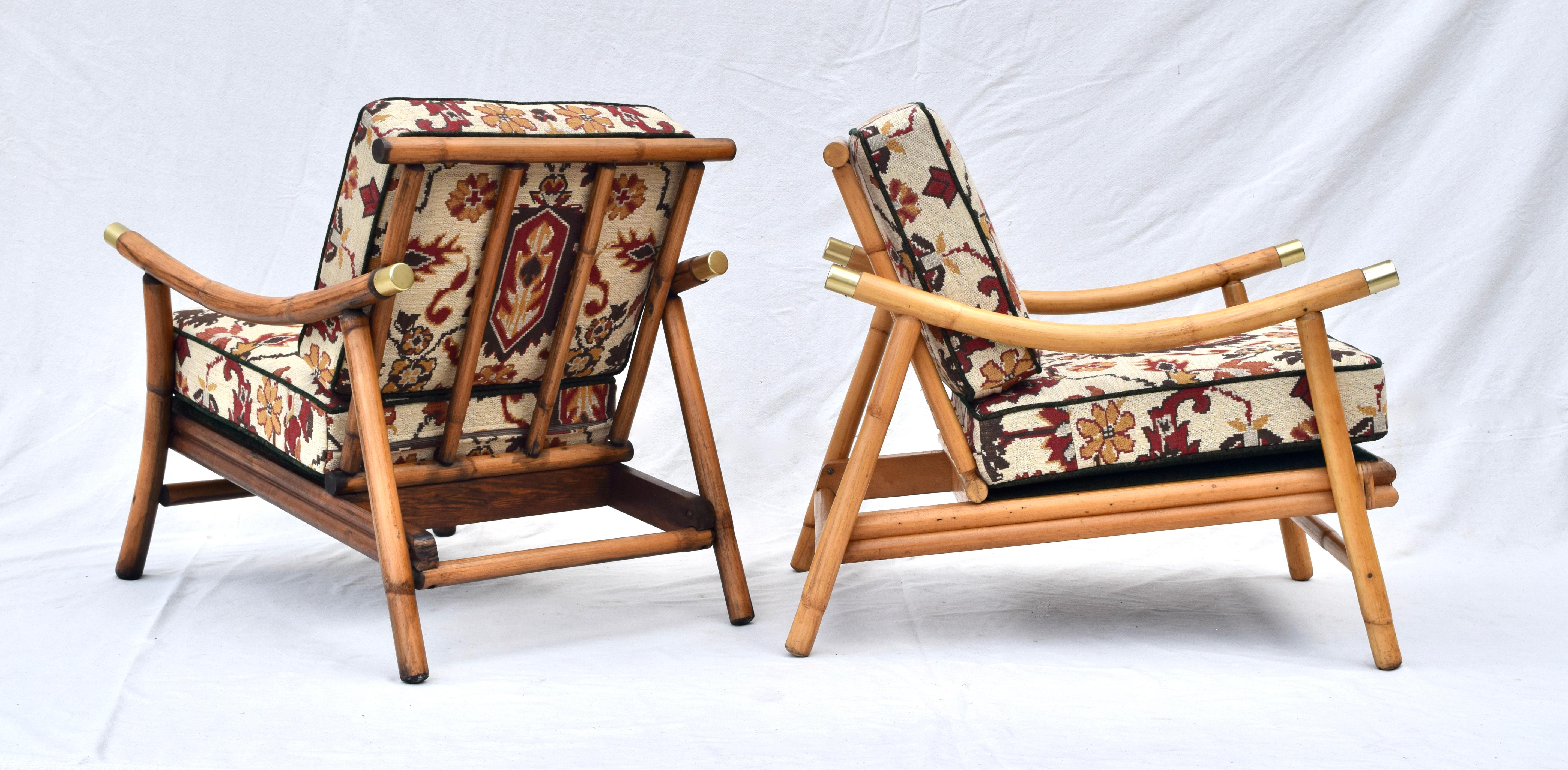 A pair of 1950's Pagoda style lounge chairs attributed to Calif-Asia Company Los Angeles California, of bent bamboo, rattan and basket weave raffia. The matching footstool retains the Calif-Asia tag. In marvelous vintage condition the set has is