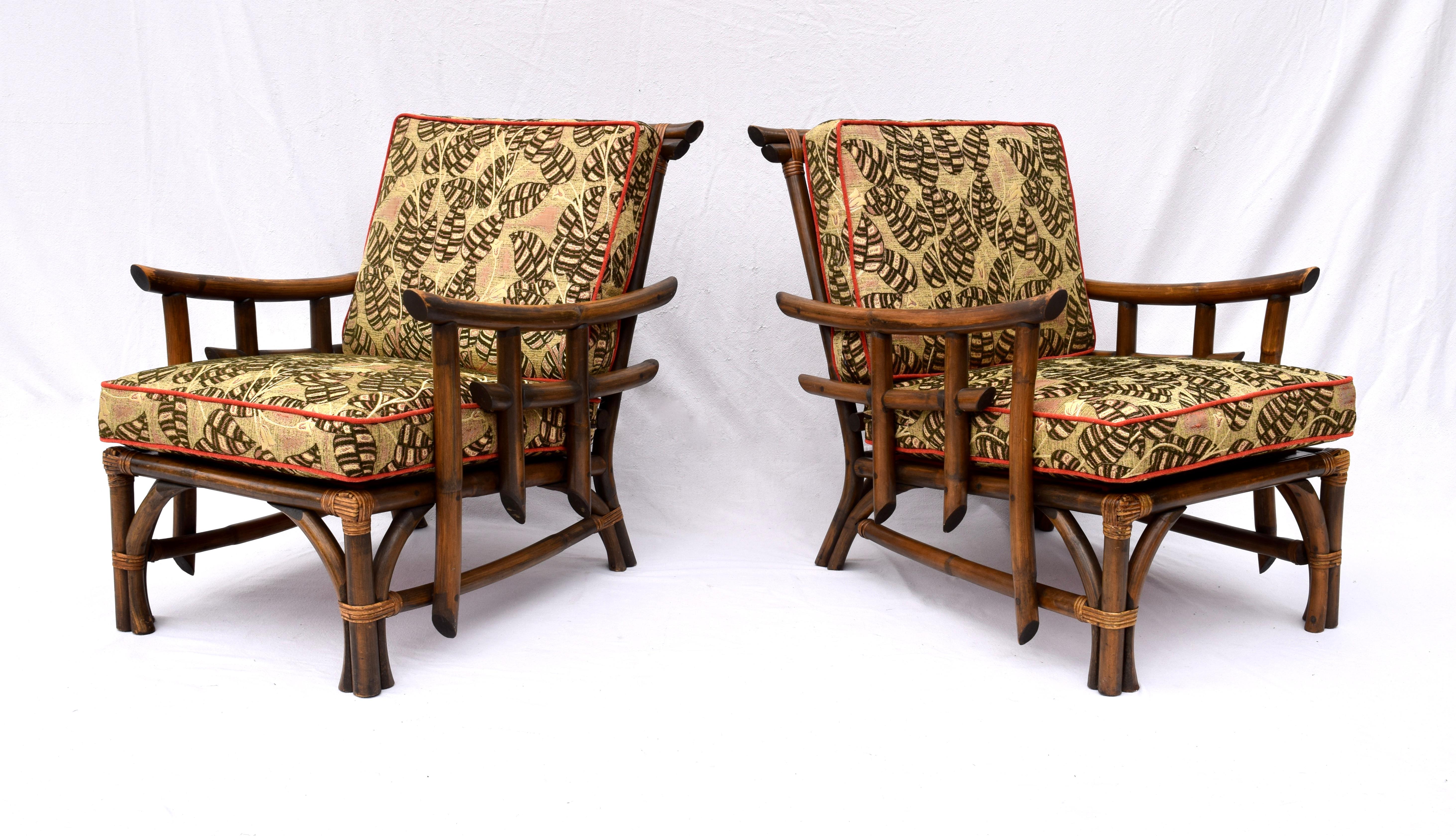 Chinoiserie Pagoda Rattan Chairs Ottoman Set In The Manner of John Wisner Ficks Reed