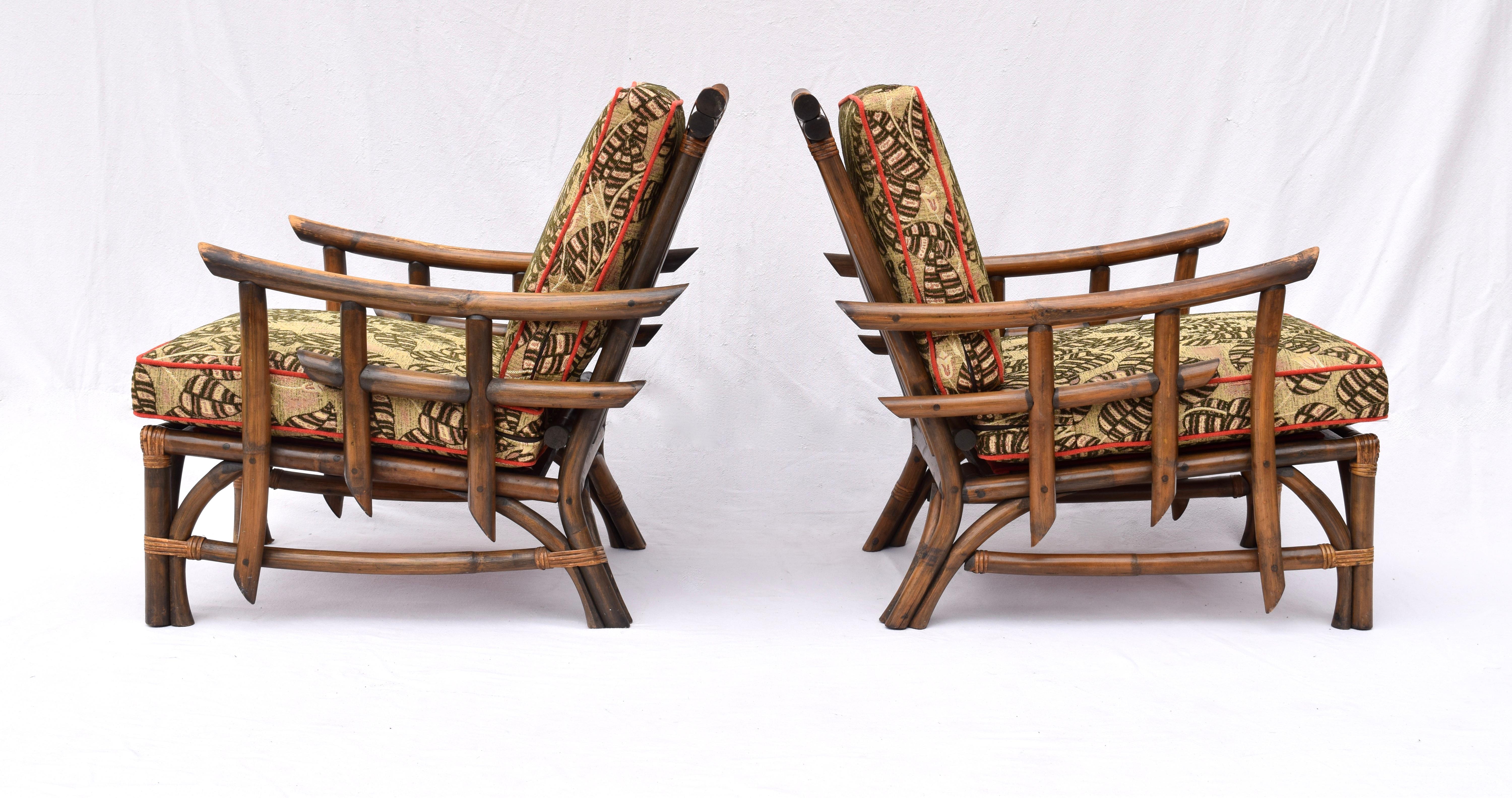 Philippine Pagoda Rattan Chairs Ottoman Set In The Manner of John Wisner Ficks Reed
