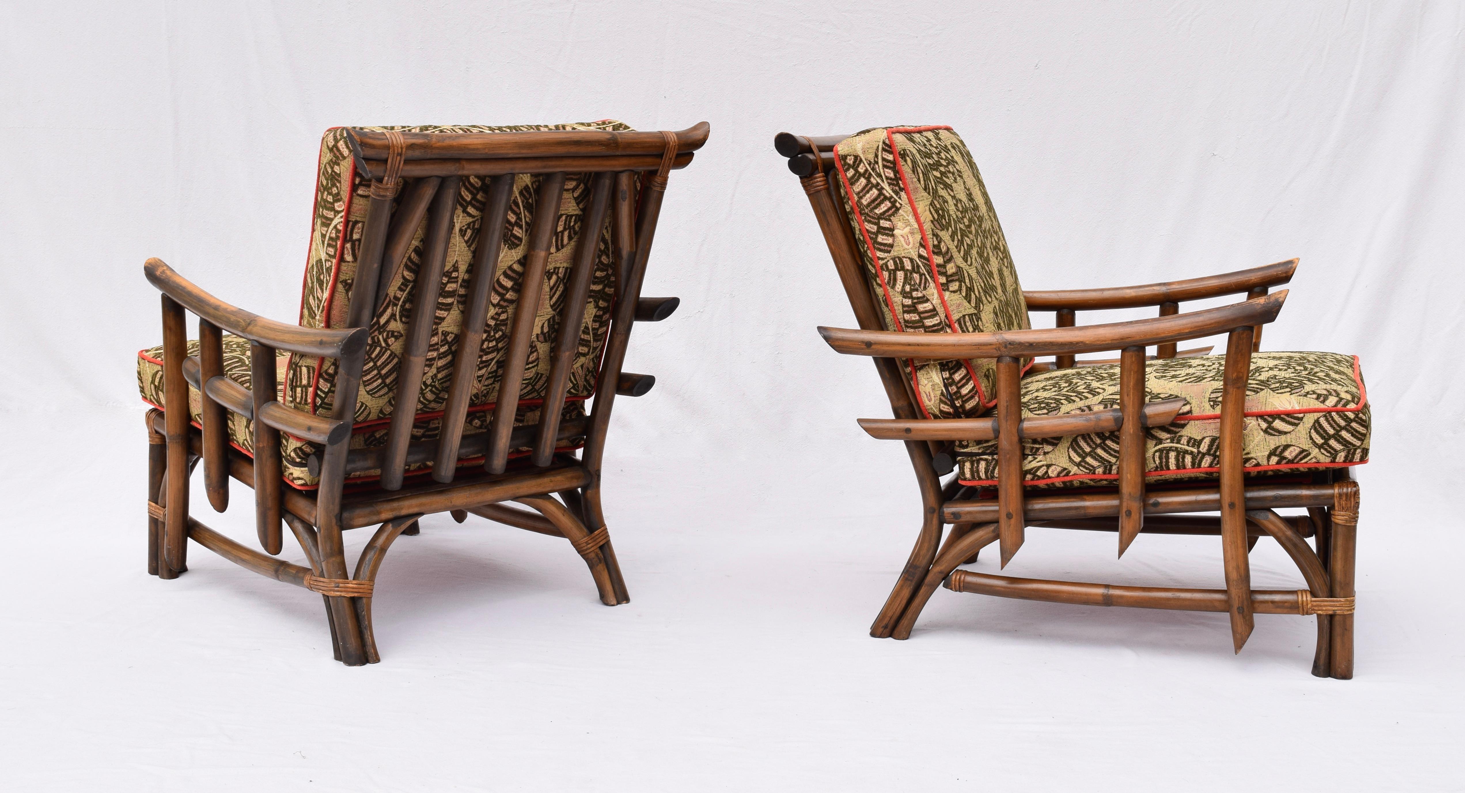 Pagoda Rattan Chairs Ottoman Set In The Manner of John Wisner Ficks Reed In Excellent Condition In Southampton, NJ