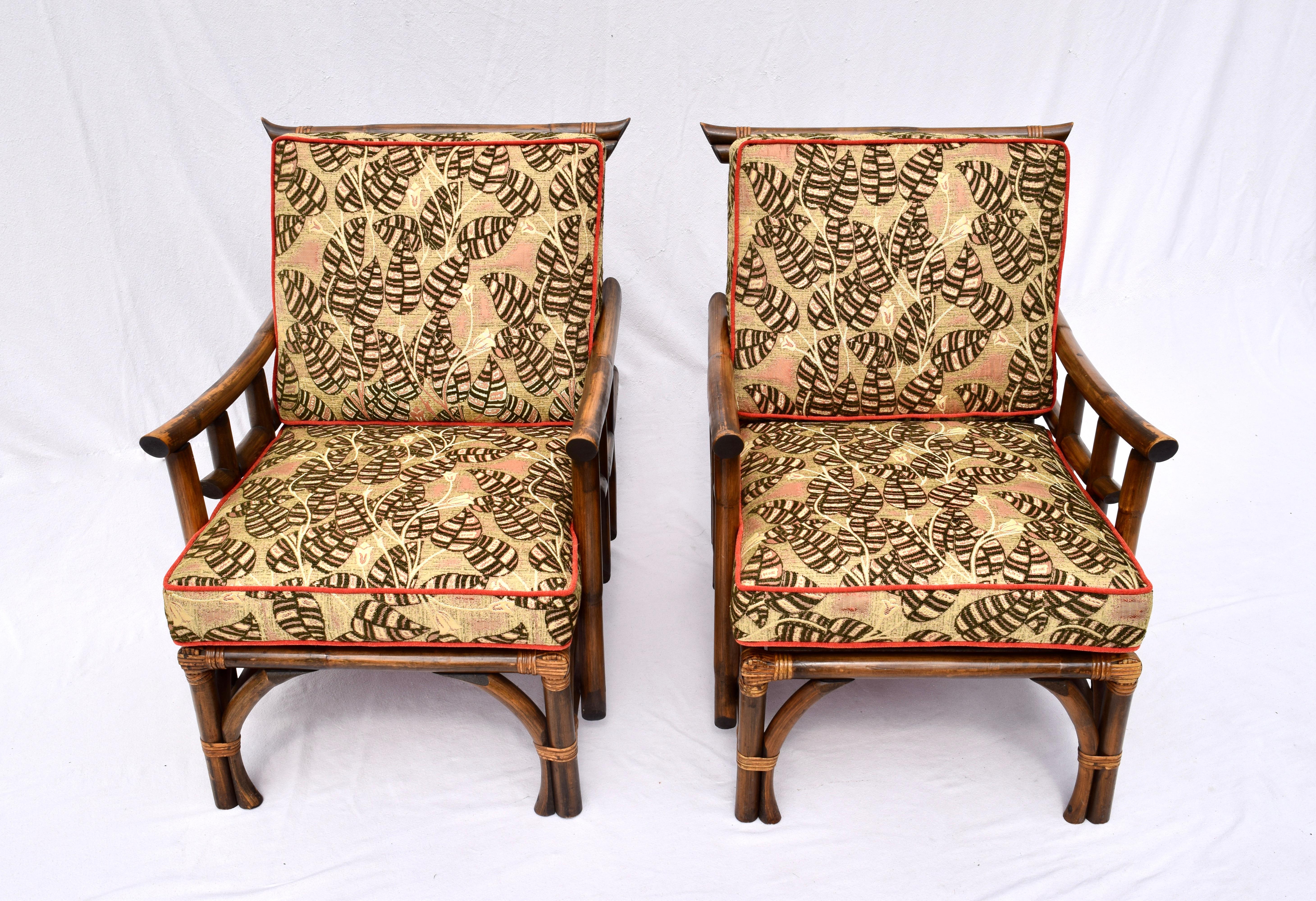 20th Century Pagoda Rattan Chairs Ottoman Set In The Manner of John Wisner Ficks Reed