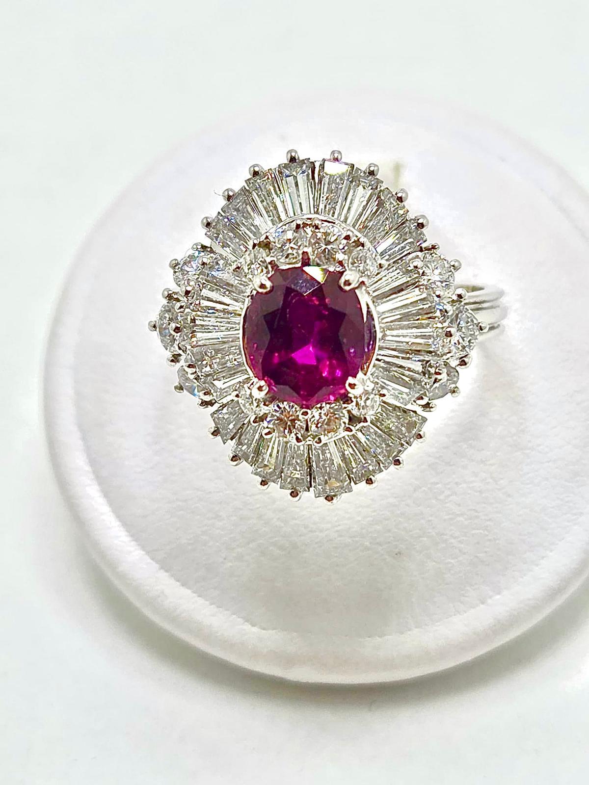 Oval Cut Pagoda Ring with Rare 1.80 ct Natural Burmese Ruby and 3 ct Diamond Double Halo in vendita