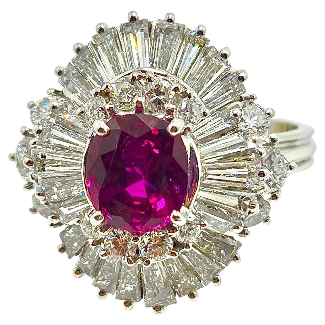 Pagoda Ring with Rare 1.80 ct Natural Burmese Ruby and 3 ct Diamond Double Halo in vendita