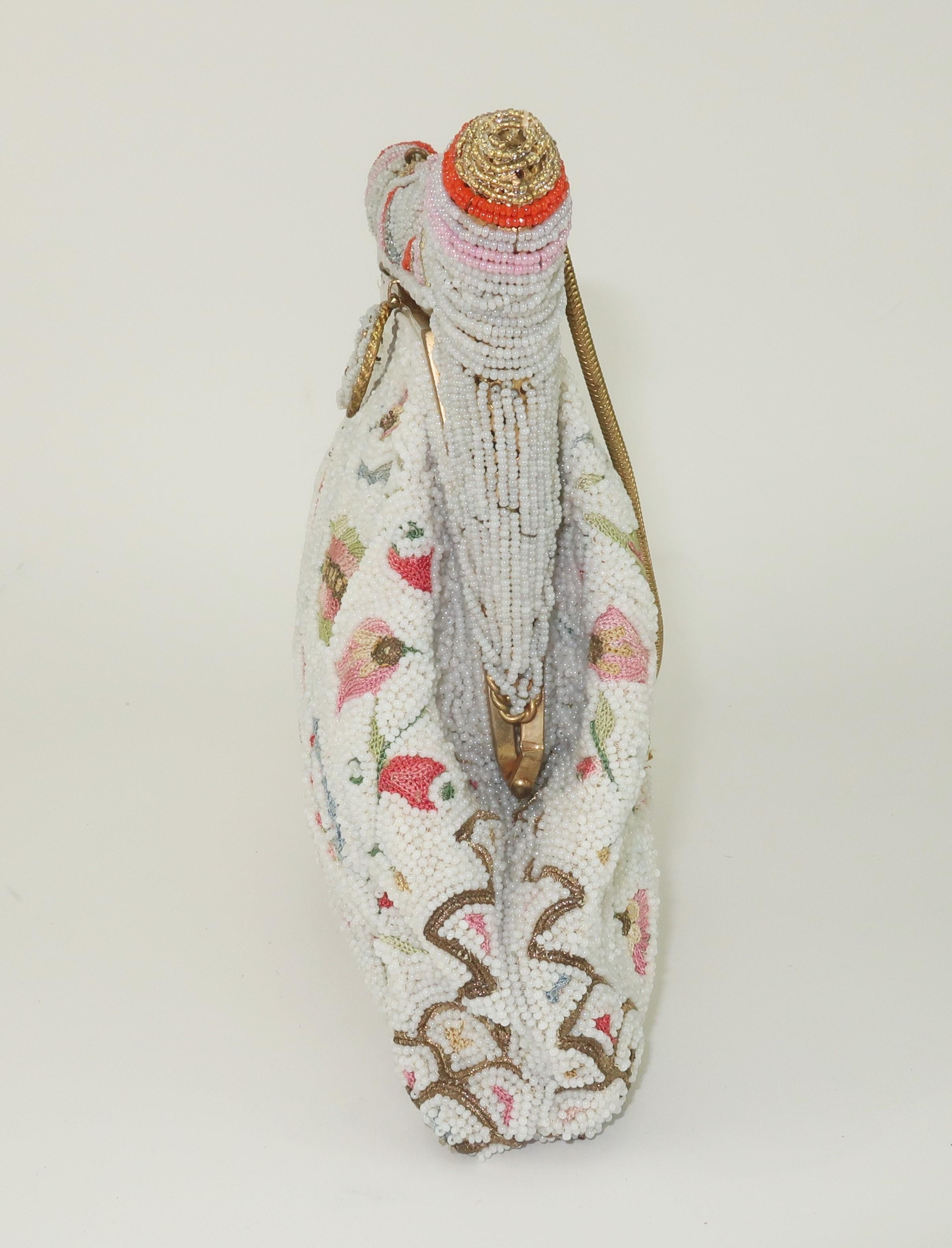 Pagoda Shaped Beaded & Embroidered Evening Handbag, 1950's In Good Condition In Atlanta, GA