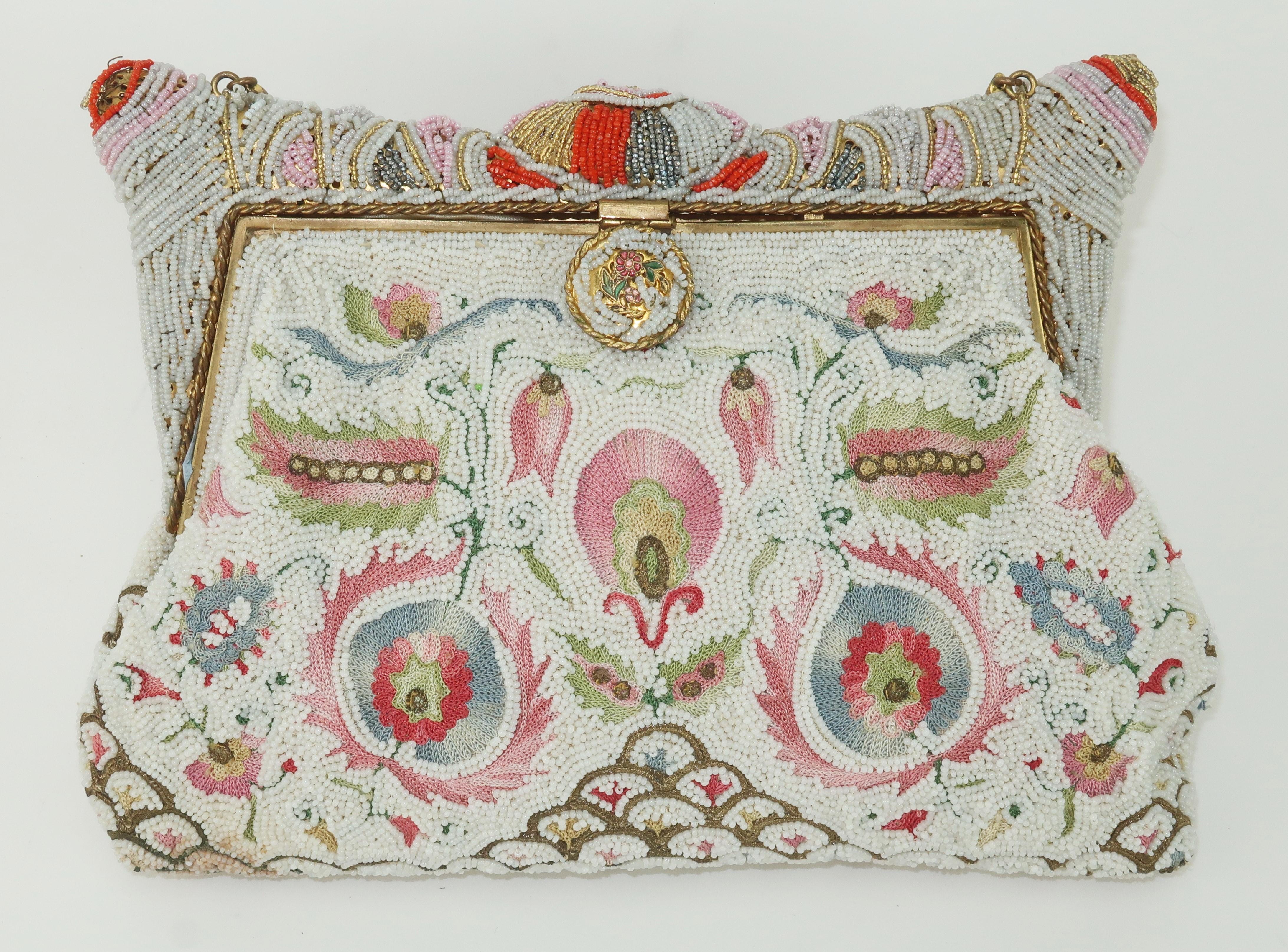 Women's Pagoda Shaped Beaded & Embroidered Evening Handbag, 1950's